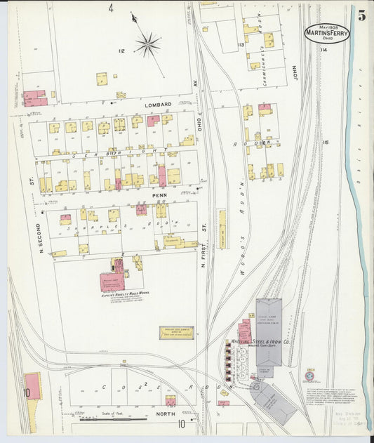 Sanborn Fire Insurance Map from Martins Ferry, Belmont County, Ohio (1908), Sheet #0005 - Historic Sanborn Fire Insurance Map Print, vintage old map wall art, antique decor, genealogy gift, Ohio Ohio map