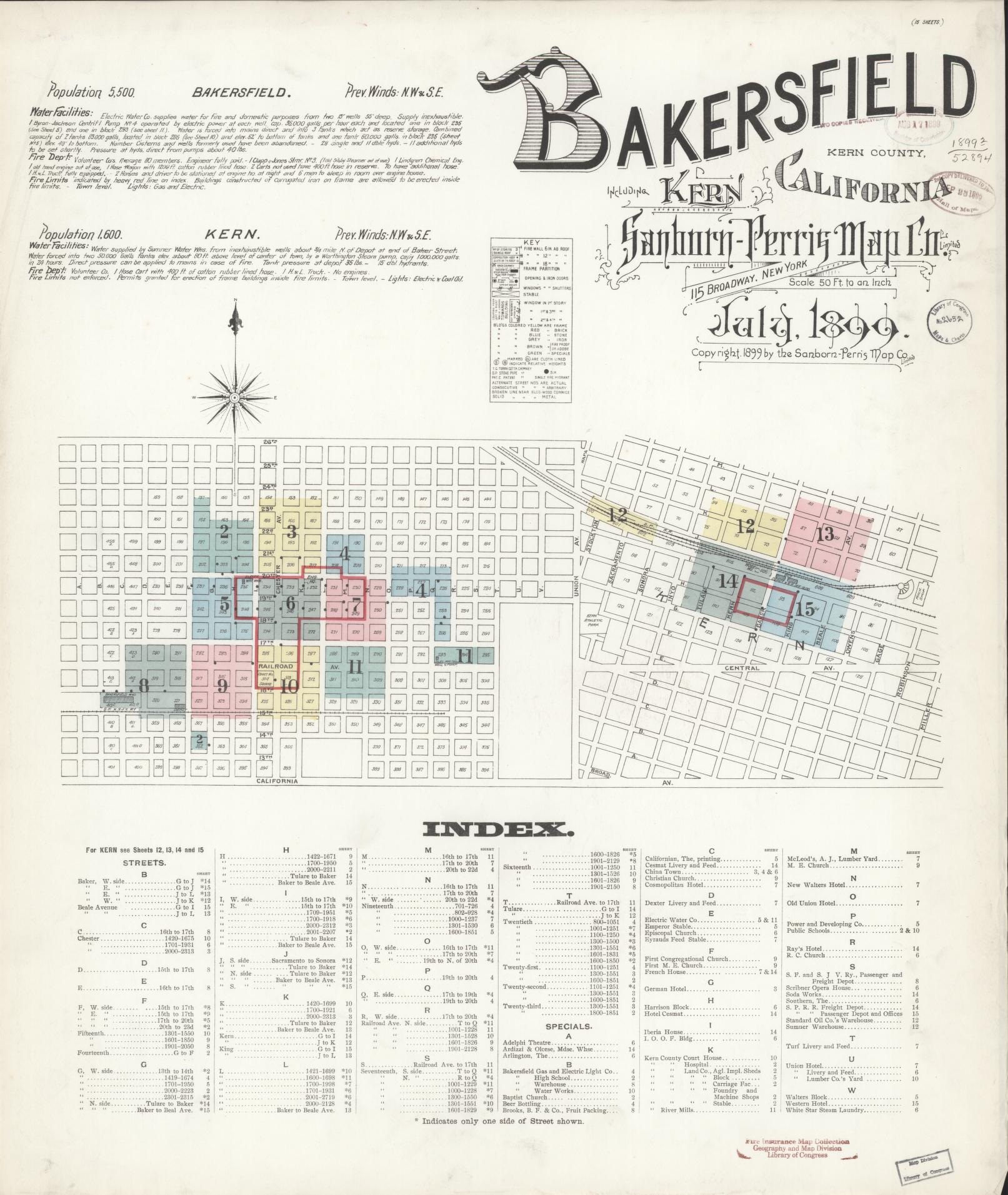 Sanborn Fire Insurance Map from Bakersfield, Kern County, California (1899), Sheet #0001 - Historic Sanborn Fire Insurance Map Print, vintage old map wall art, antique decor, genealogy gift, California California map