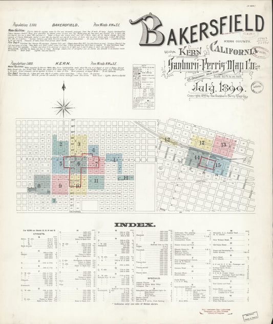 Sanborn Fire Insurance Map from Bakersfield, Kern County, California (1899), Sheet #0001 - Historic Sanborn Fire Insurance Map Print, vintage old map wall art, antique decor, genealogy gift, California California map