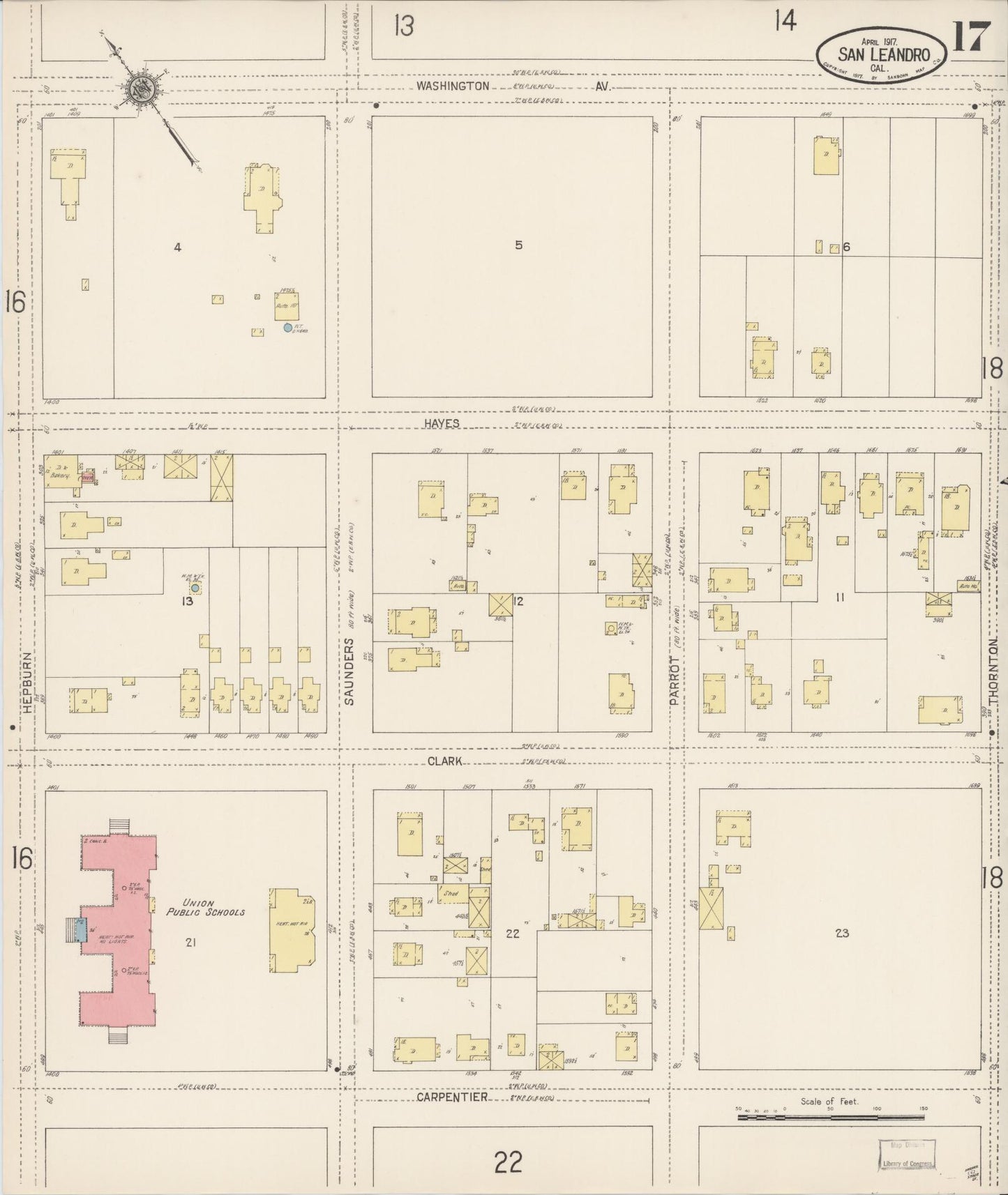 Sanborn Fire Insurance Map from San Leandro, Alameda County, California (1917), Sheet #0017 - Complete Map Set gallery image, historic Sanborn map, vintage wall art, California California