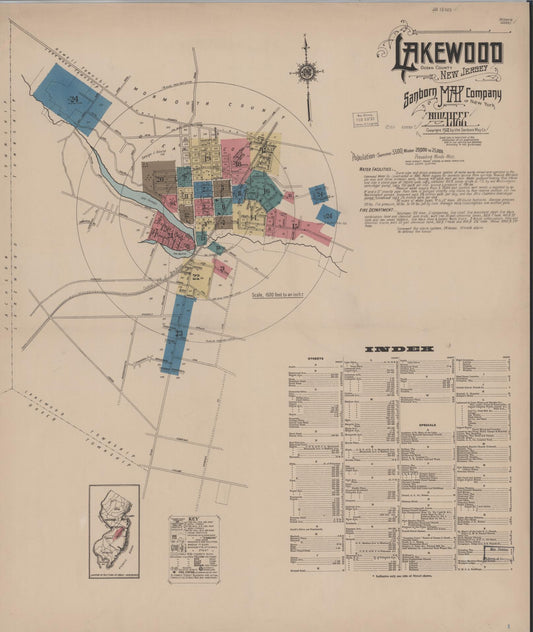 Sanborn Fire Insurance Map from Lakewood, Ocean County, New Jersey (1922), Sheet #0001 - Historic Sanborn Fire Insurance Map Print, vintage old map wall art, antique decor, genealogy gift, New Jersey New Jersey map