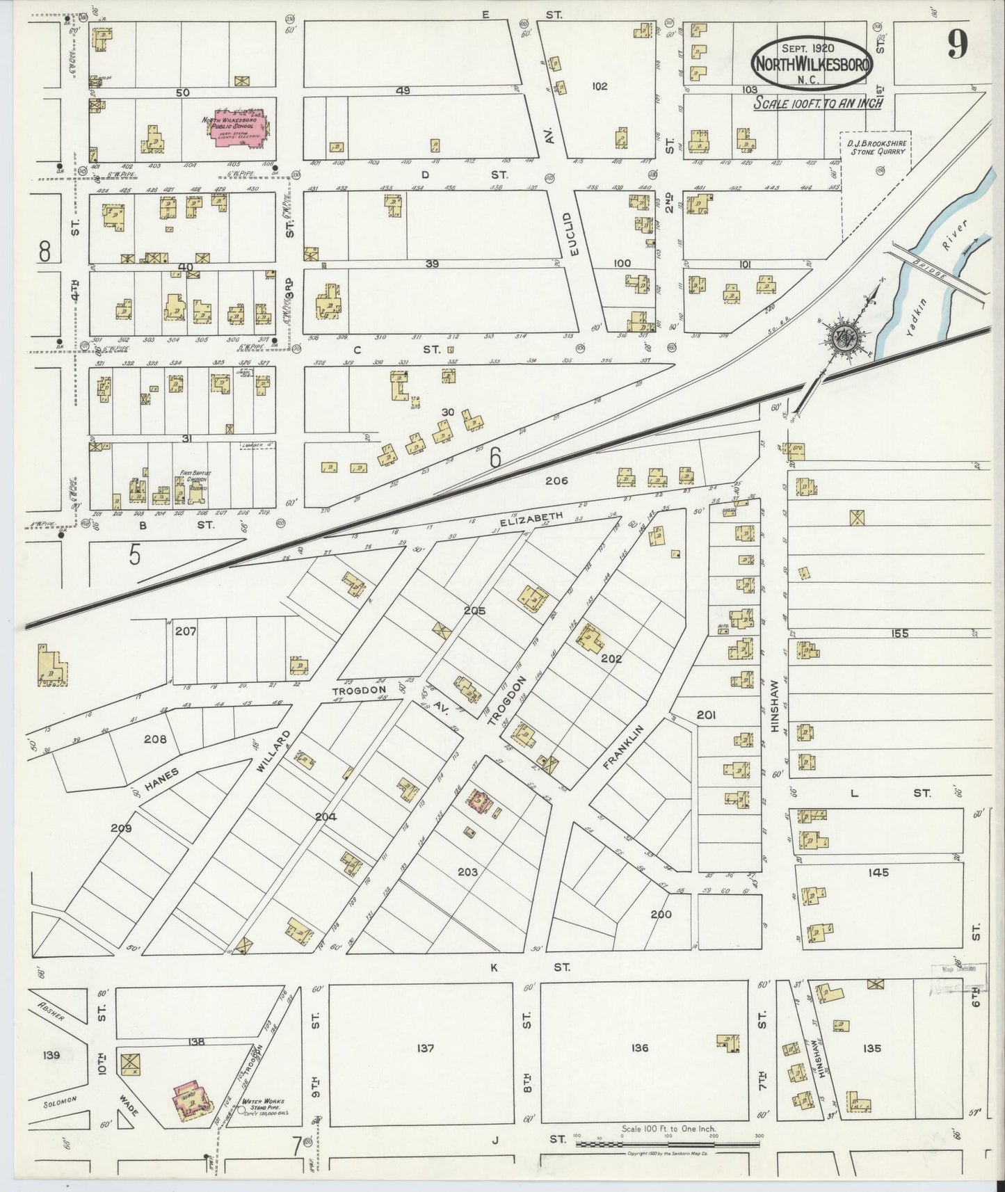Sanborn Fire Insurance Map from North Wilkesboro, Wilkes County, North Carolina (1920), Sheet #0009 - Historic Sanborn Fire Insurance Map Print, vintage old map wall art, antique decor, genealogy gift, North Carolina North Carolina map