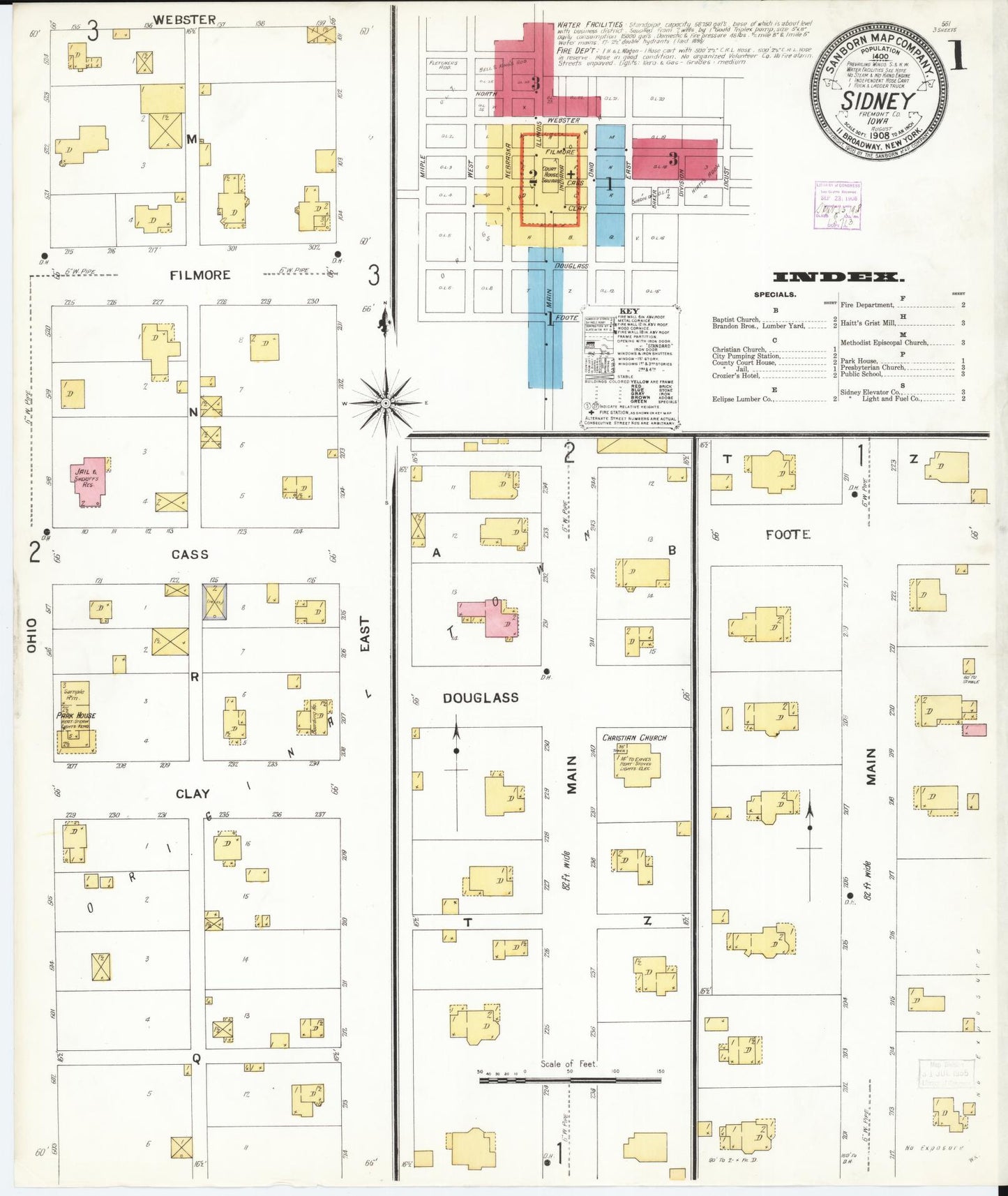 Sanborn Fire Insurance Map from Sidney, Fremont County, Iowa (1908), Sheet #0001 - Historic Sanborn Fire Insurance Map Print, vintage old map wall art