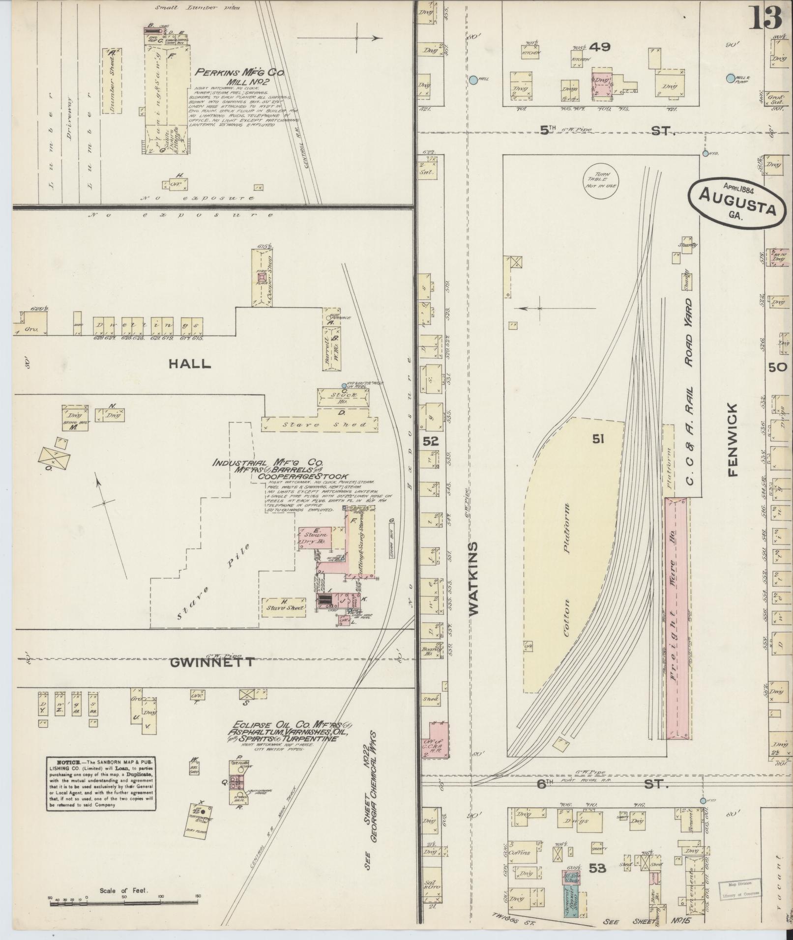 Sanborn Fire Insurance Map from Augusta, Richmond County, Georgia (1884), Sheet #0013 - Historic Sanborn Fire Insurance Map Print, vintage old map wall art, antique decor, genealogy gift, Georgia Georgia map