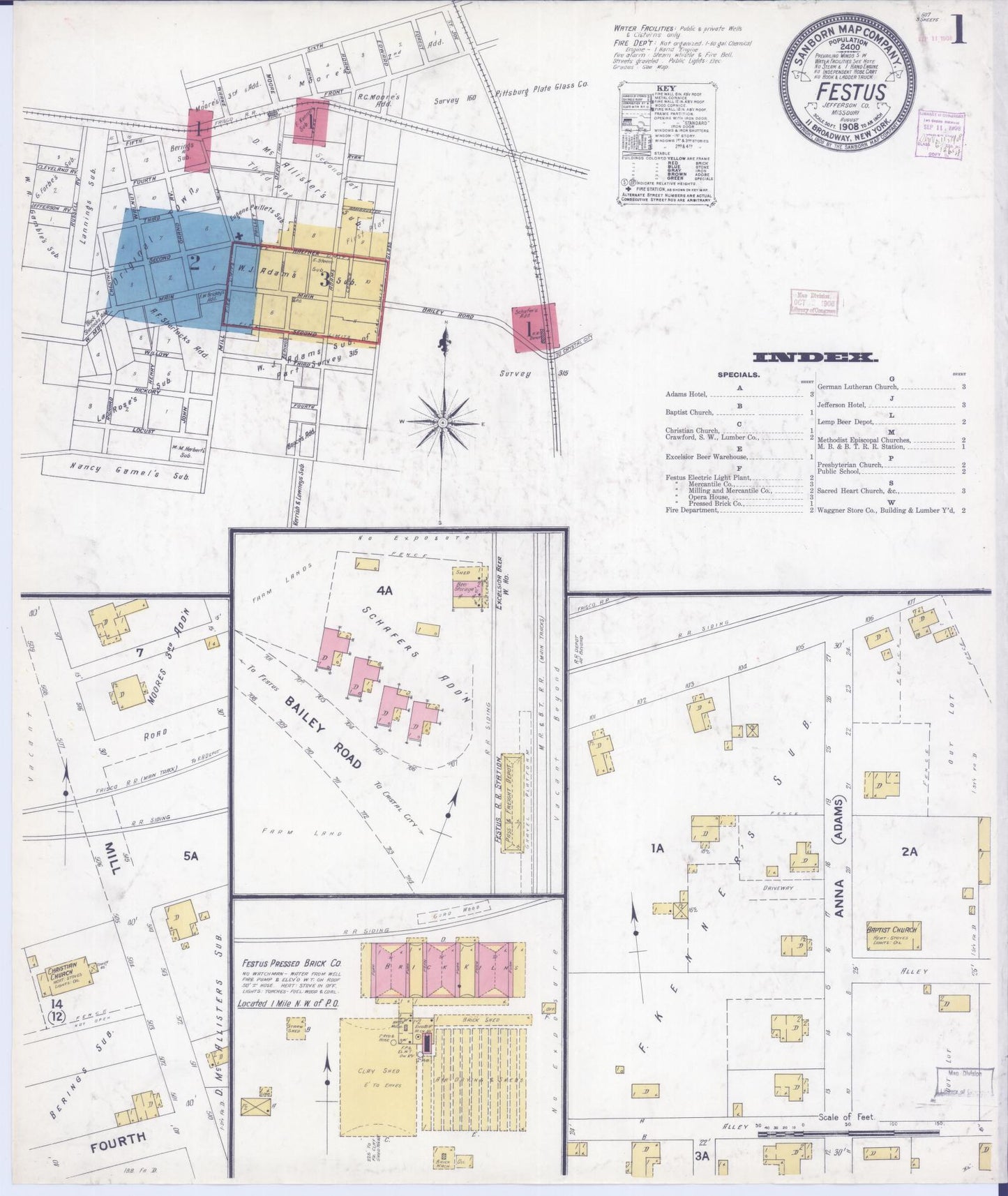 Sanborn Fire Insurance Map from Festus, Jefferson County, Missouri (1908), Sheet #0001 - Historic Sanborn Fire Insurance Map Print, vintage old map wall art, antique decor, genealogy gift, Missouri Missouri map