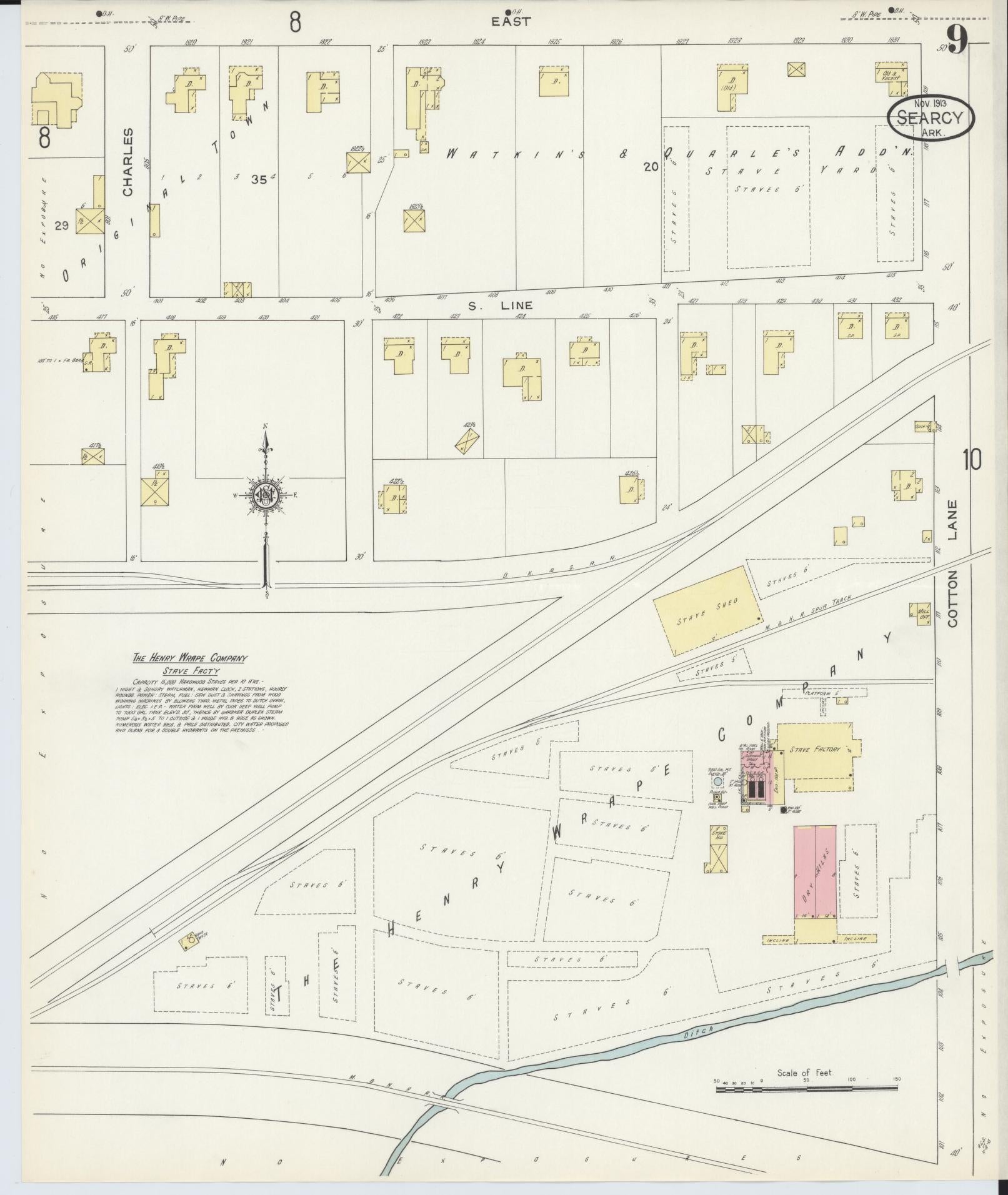 Sanborn Fire Insurance Map from Searcy, White County, Arkansas (1913), Sheet #0009 - Historic Sanborn Fire Insurance Map Print, vintage old map wall art, antique decor, genealogy gift, Arkansas Arkansas map