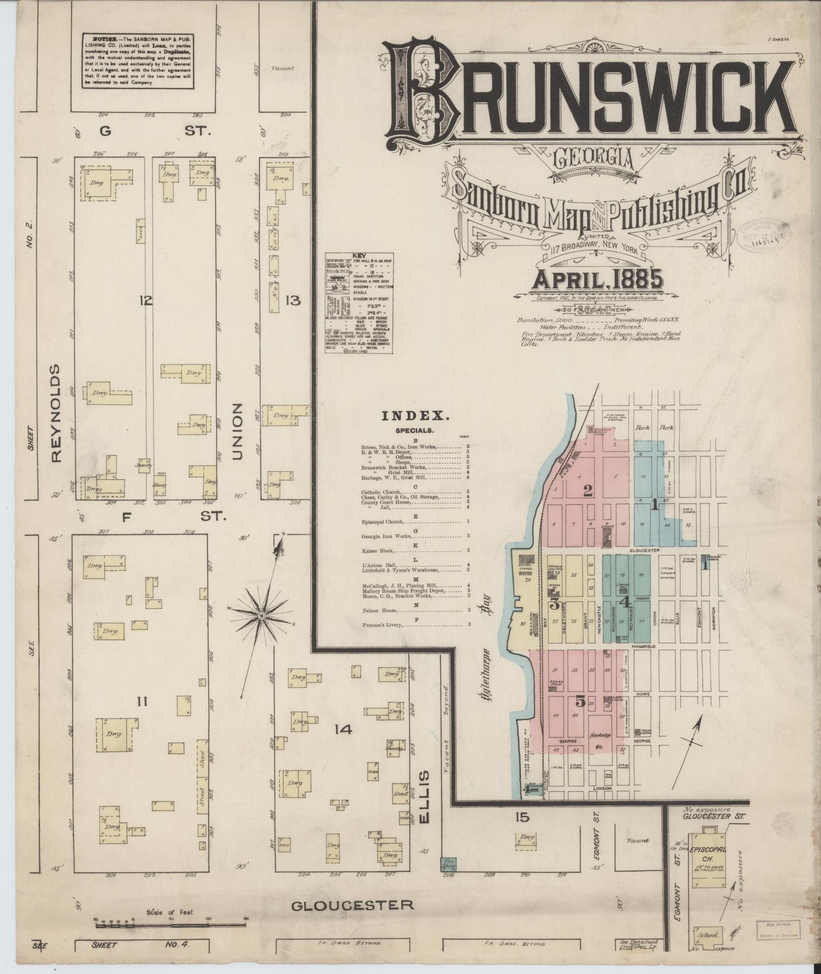 Sanborn Fire Insurance Map from Brunswick, Glynn County, Georgia (1885), Sheet #0001 - Historic Sanborn Fire Insurance Map Print, vintage old map wall art, antique decor, genealogy gift, Georgia Georgia map