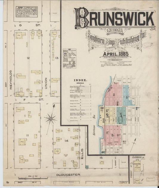 Sanborn Fire Insurance Map from Brunswick, Glynn County, Georgia (1885), Sheet #0001 - Historic Sanborn Fire Insurance Map Print, vintage old map wall art, antique decor, genealogy gift, Georgia Georgia map