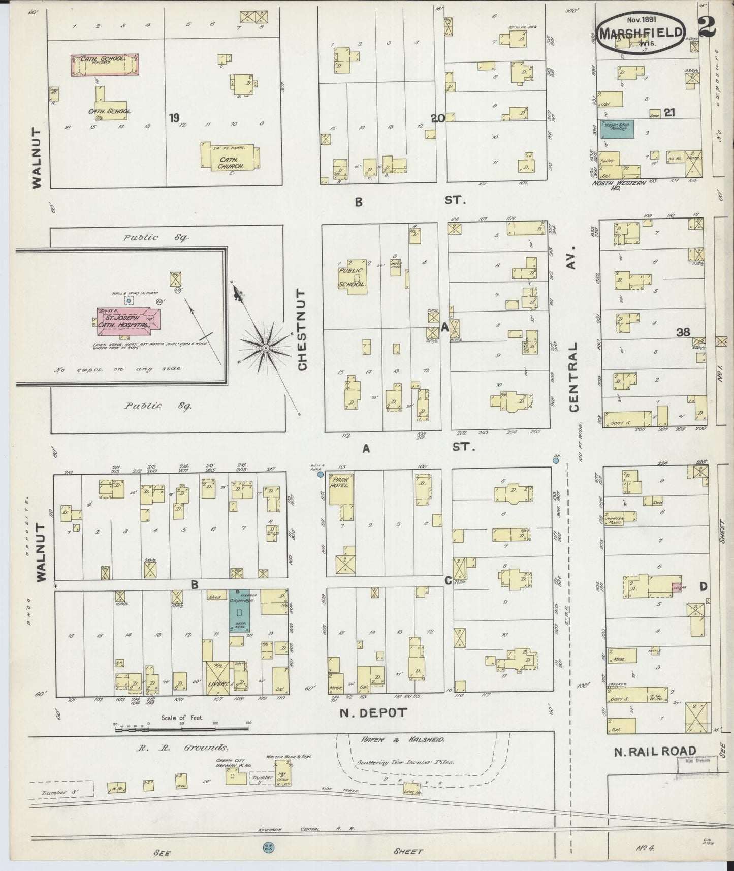 Sanborn Fire Insurance Map from Marshfield, Wood County, Wisconsin (1891), Sheet #0002 - Historic Sanborn Fire Insurance Map Print, vintage old map wall art, antique decor, genealogy gift, Wisconsin Wisconsin map