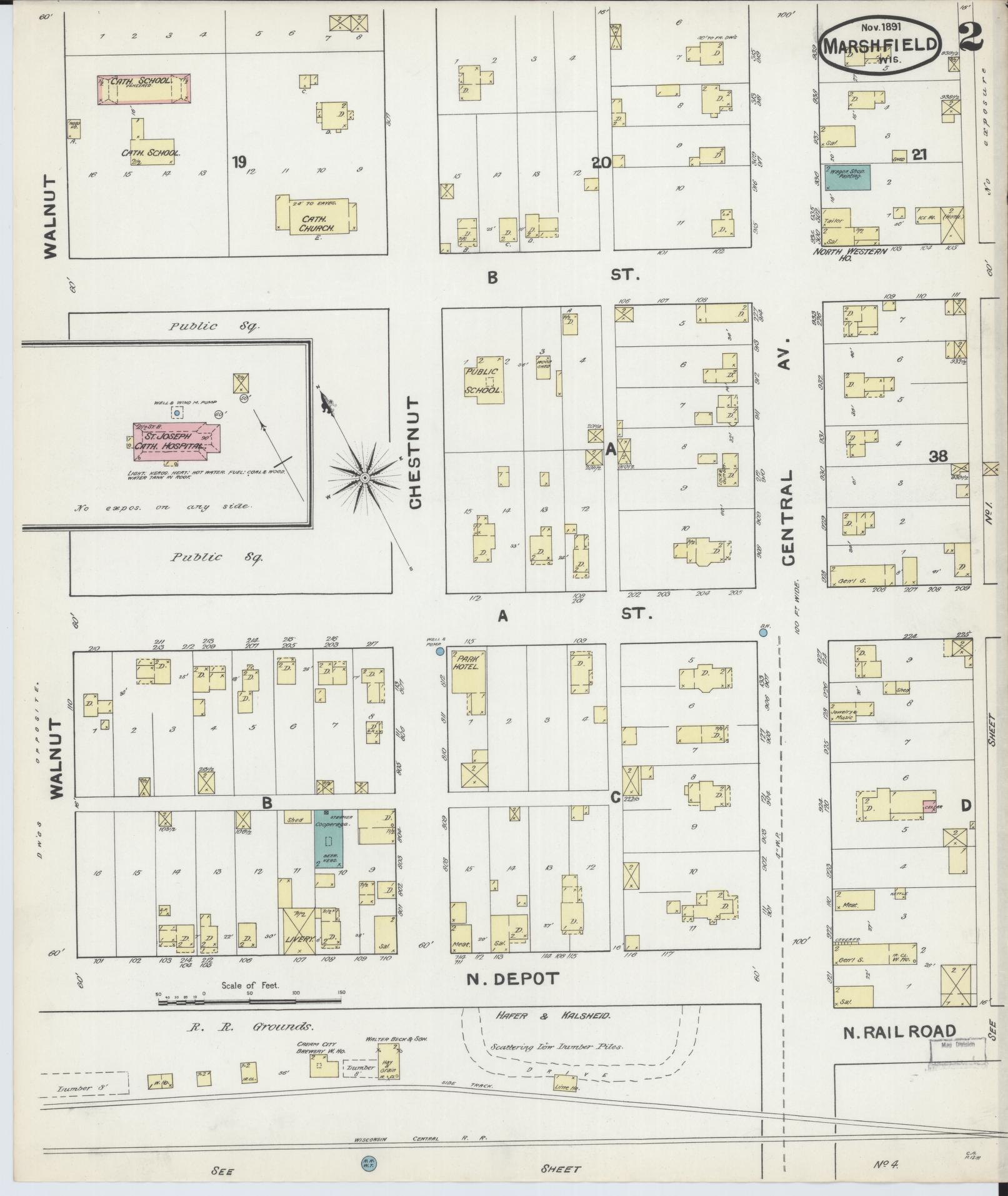 Sanborn Fire Insurance Map from Marshfield, Wood County, Wisconsin (1891), Sheet #0002 - Historic Sanborn Fire Insurance Map Print, vintage old map wall art, antique decor, genealogy gift, Wisconsin Wisconsin map