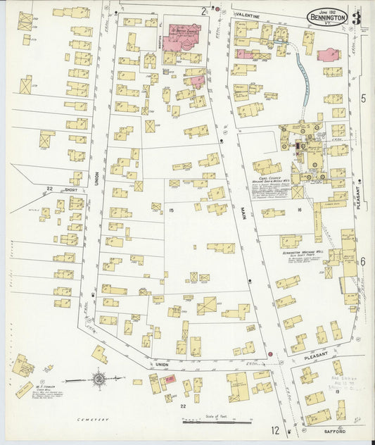 Sanborn Fire Insurance Map from Bennington, Bennington County, Vermont (1912), Sheet #0003 - Historic Sanborn Fire Insurance Map Print, vintage old map wall art, antique decor, genealogy gift, Vermont Vermont map