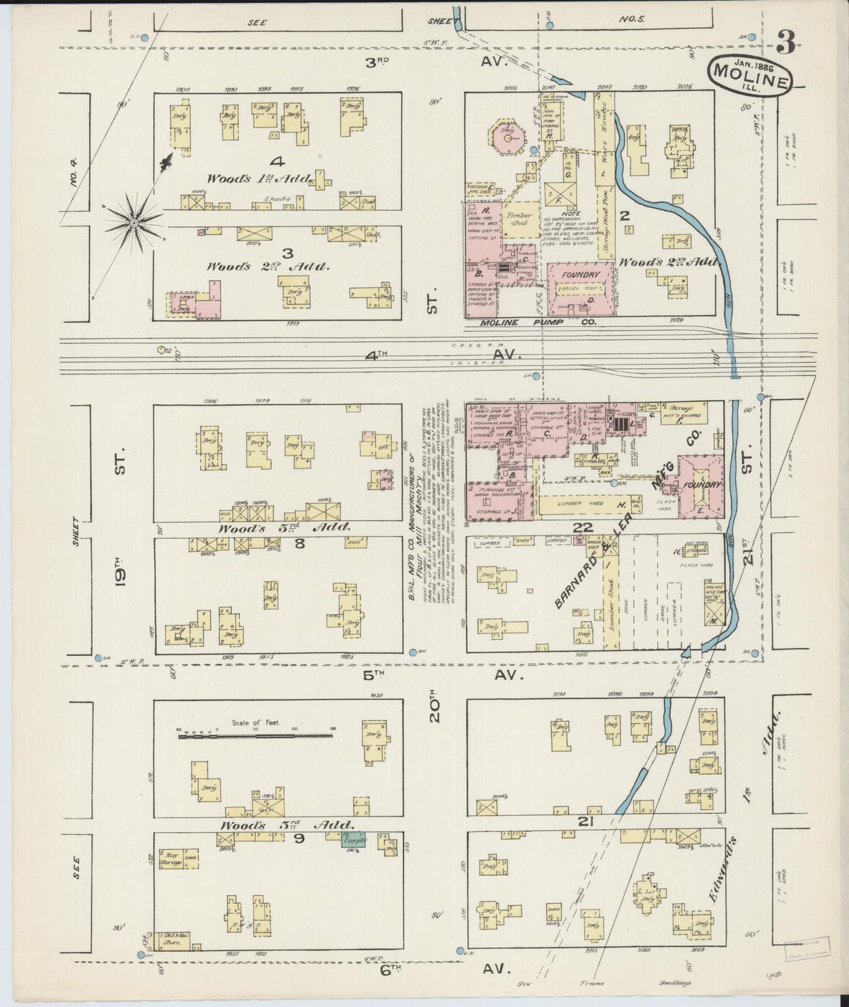 Sanborn Fire Insurance Map from Moline, Rock Island County, Illinois (1886), Sheet #0003 - Historic Sanborn Fire Insurance Map Print, vintage old map wall art, antique decor, genealogy gift, Illinois Illinois map