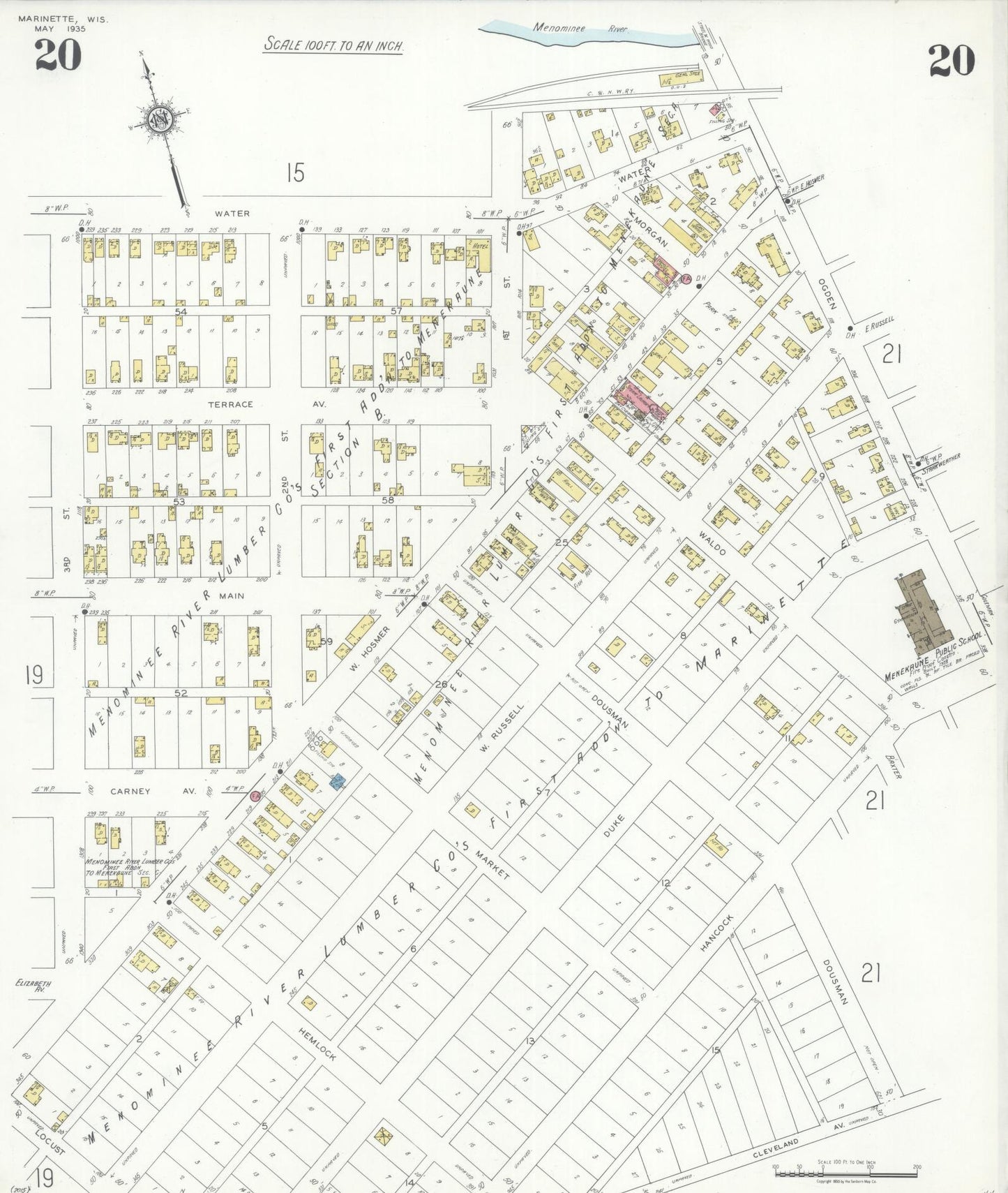 Sanborn Fire Insurance Map from Marinette, Marinette County, Wisconsin (1935), Sheet #0020 - Historic Sanborn Fire Insurance Map Print, vintage old map wall art, antique decor, genealogy gift, Wisconsin Wisconsin map