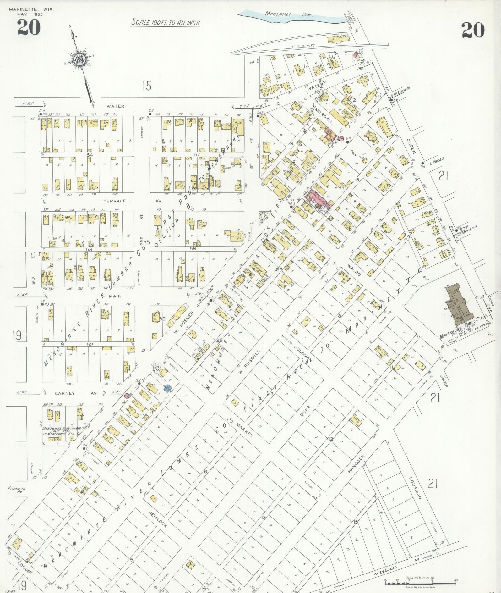 Sanborn Fire Insurance Map from Marinette, Marinette County, Wisconsin (1935), Sheet #0020 - Historic Sanborn Fire Insurance Map Print, vintage old map wall art, antique decor, genealogy gift, Wisconsin Wisconsin map
