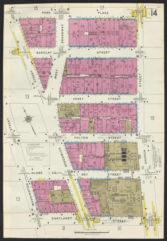 Sanborn Fire Insurance Map from New York, Bronx, Manhattan, New York (1923), Sheet #0014 - Historic Sanborn Fire Insurance Map Print, vintage old map wall art, antique decor, genealogy gift, New York New York map