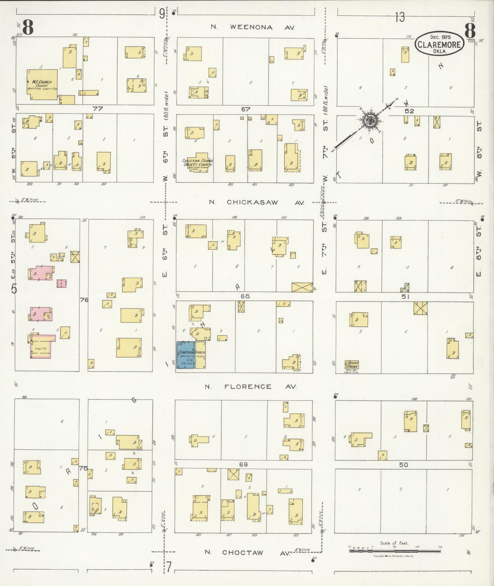 Sanborn Fire Insurance Map from Claremore, Rogers County, Oklahoma (1925), Sheet #0008 - Complete Map Set gallery image, historic Sanborn map, vintage wall art, Oklahoma Oklahoma