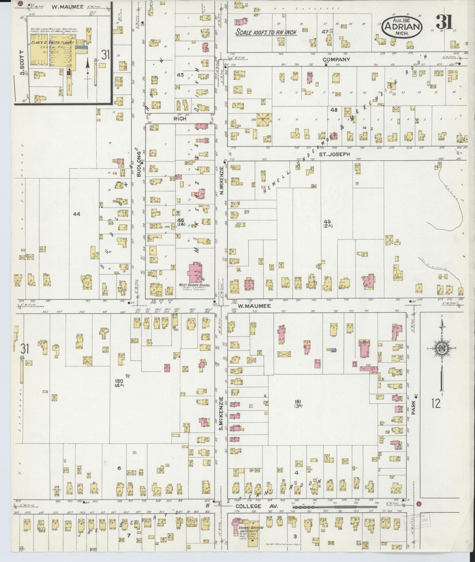 Sanborn Fire Insurance Map from Adrian, Lenawee County, Michigan (1916), Sheet #0031 - Historic Sanborn Fire Insurance Map Print, vintage old map wall art, antique decor, genealogy gift, Michigan Michigan map