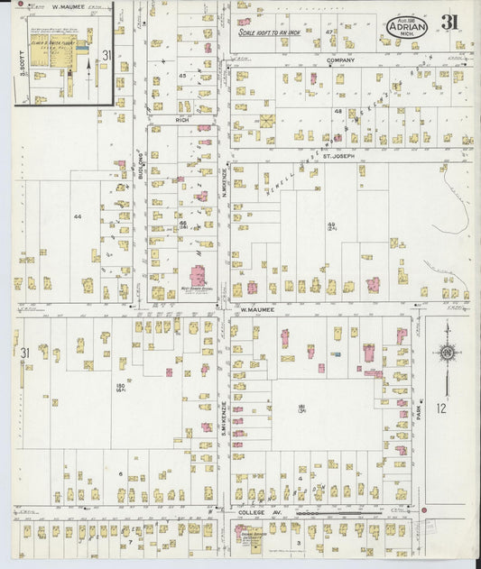 Sanborn Fire Insurance Map from Adrian, Lenawee County, Michigan (1916), Sheet #0031 - Historic Sanborn Fire Insurance Map Print, vintage old map wall art, antique decor, genealogy gift, Michigan Michigan map