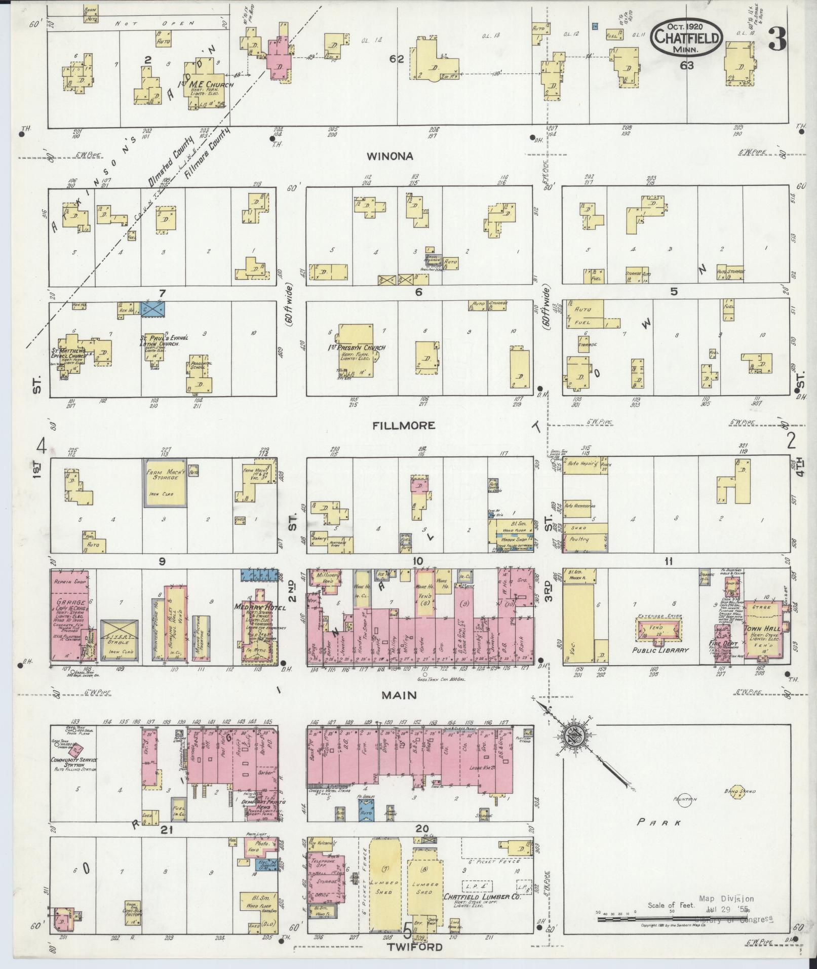 Sanborn Fire Insurance Map from Chatfield, Fillmore And Olmsted Counties, Minnesota (1920), Sheet #0003 - Complete Map Set gallery image, historic Sanborn map, vintage wall art, Minnesota Minnesota