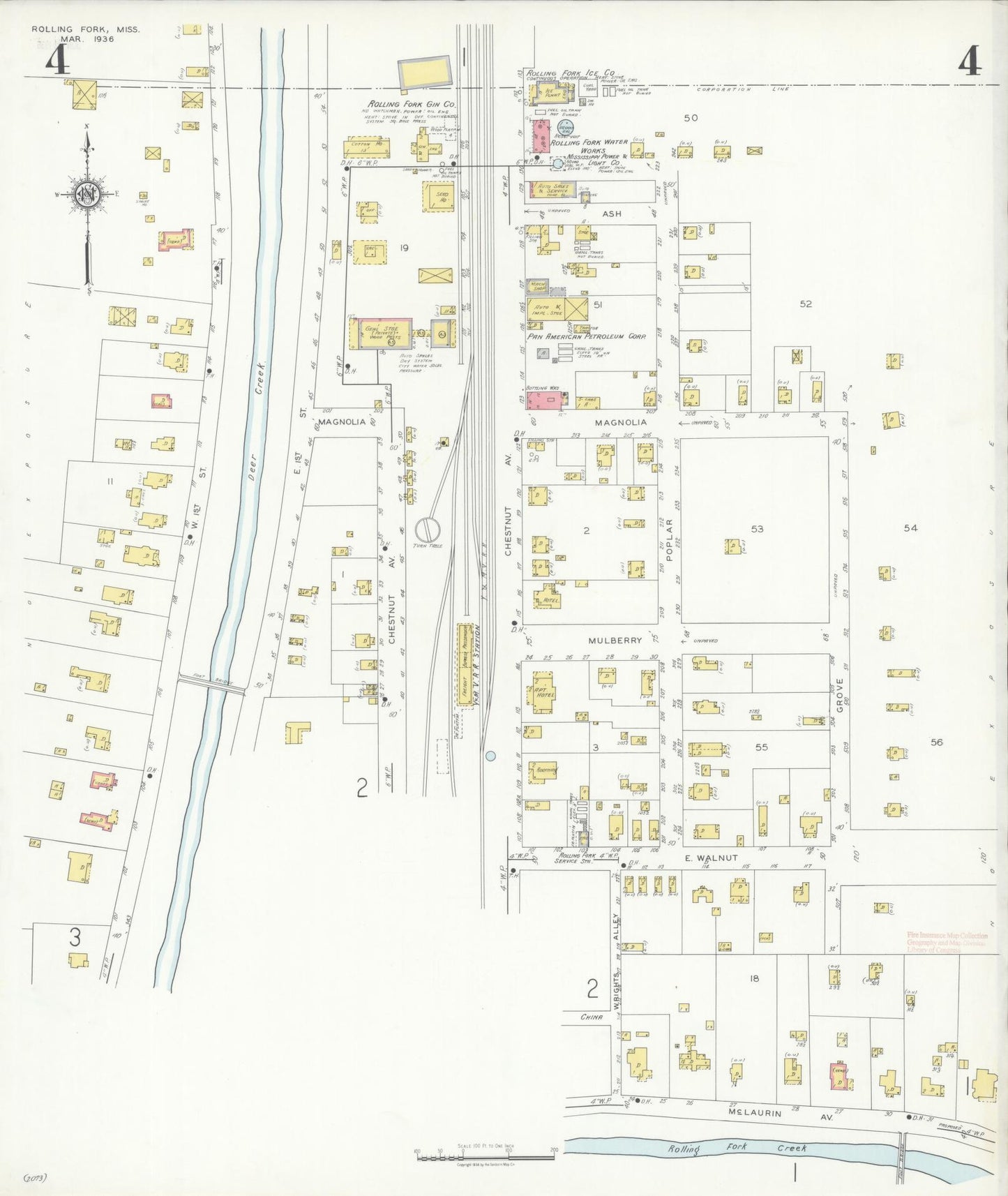 Sanborn Fire Insurance Map from Rolling Fork, Sharkey County, Mississippi (1936), Sheet #0004 - Historic Sanborn Fire Insurance Map Print, vintage old map wall art, antique decor, genealogy gift, Mississippi Mississippi map
