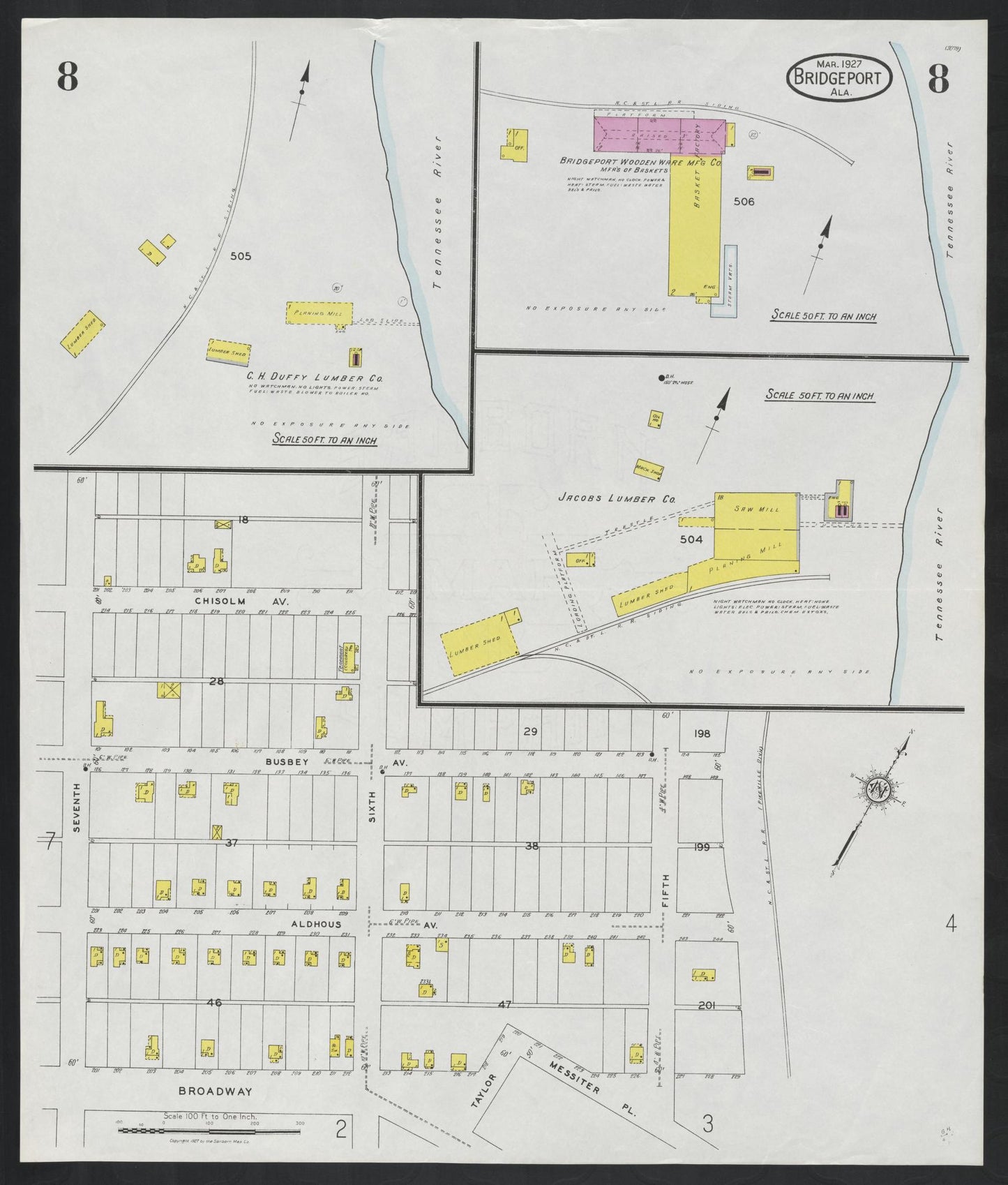 Sanborn Fire Insurance Map from Bridgeport, Jackson County, Alabama (1927), Sheet #0008 - Complete Map Set gallery image, historic Sanborn map, vintage wall art, Alabama Alabama