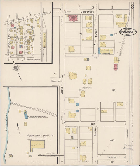Sanborn Fire Insurance Map from New Martinsville, Wetzel County, West Virginia (1921), Sheet #0003 - Historic Sanborn Fire Insurance Map Print, vintage old map wall art, antique decor, genealogy gift, West Virginia West Virginia map
