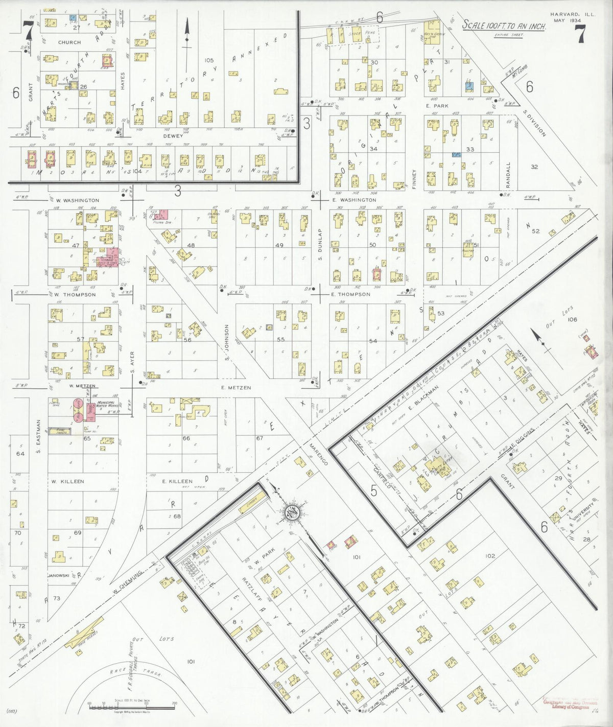 Sanborn Fire Insurance Map from Harvard, McHenry County, Illinois (1934), Sheet #0007 - Historic Sanborn Fire Insurance Map Print, vintage old map wall art, antique decor, genealogy gift, Illinois Illinois map
