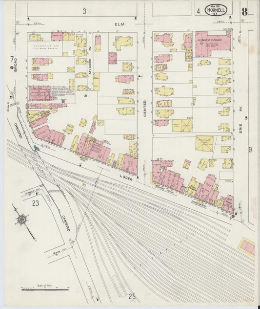 Sanborn Fire Insurance Map from Hornell, Steuben County, New York (1915), Sheet #0008 - Historic Sanborn Fire Insurance Map Print, vintage old map wall art, antique decor, genealogy gift, New York New York map