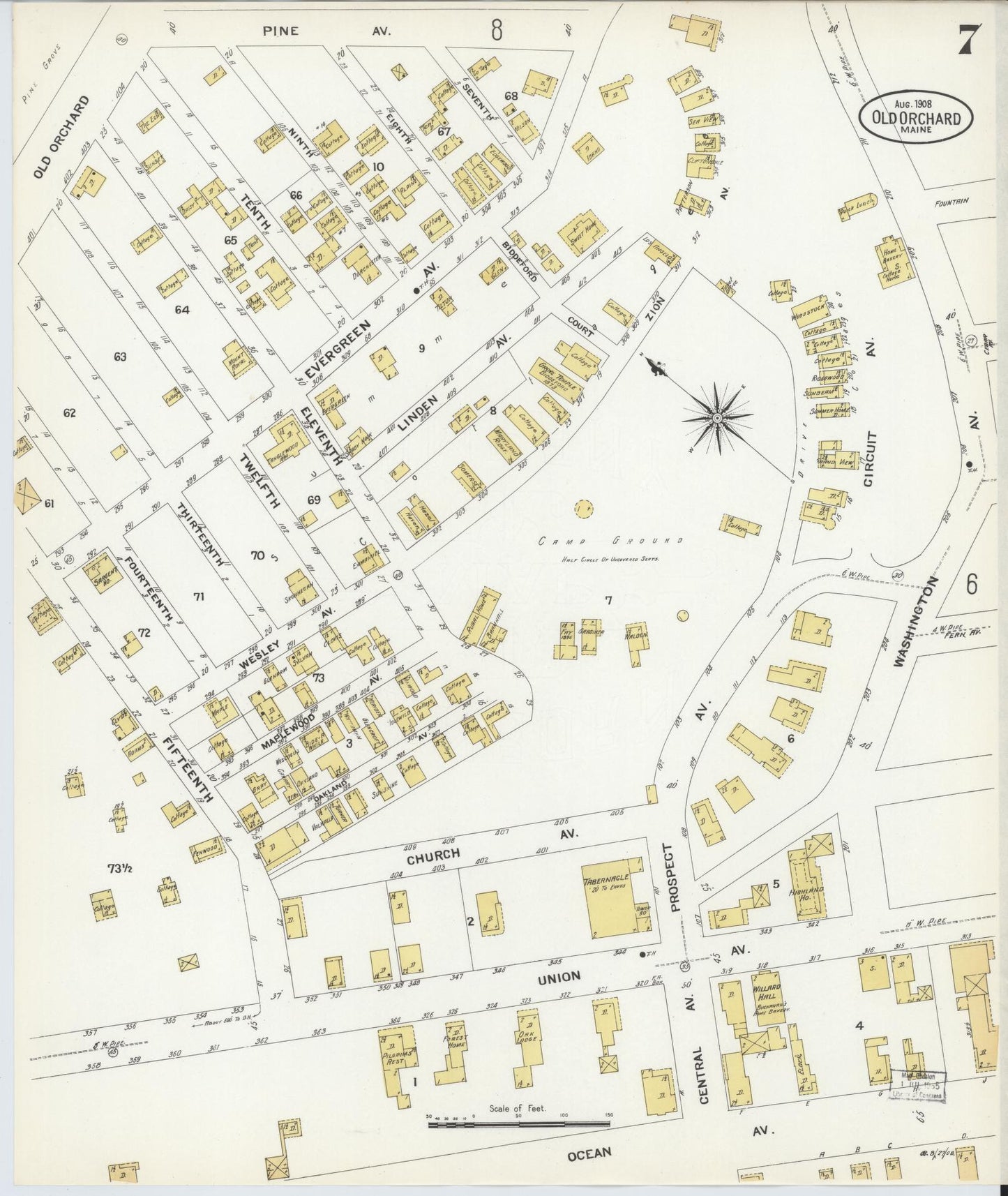 Sanborn Fire Insurance Map from Old Orchard, York County, Maine (1908), Sheet #0007 - Complete Map Set gallery image, historic Sanborn map, vintage wall art, Maine Maine
