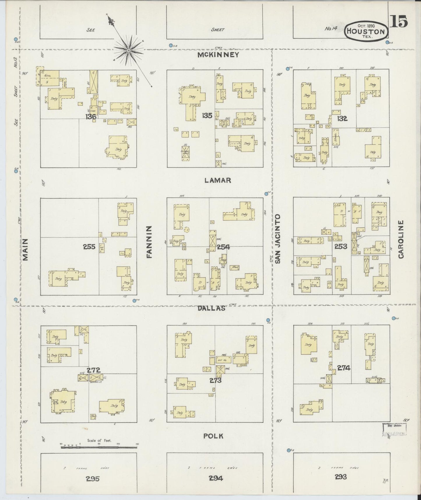 Sanborn Fire Insurance Map from Houston, Harris County, Texas (1890), Sheet #0015 - Historic Sanborn Fire Insurance Map Print, vintage old map wall art, antique decor, genealogy gift, Texas Texas map