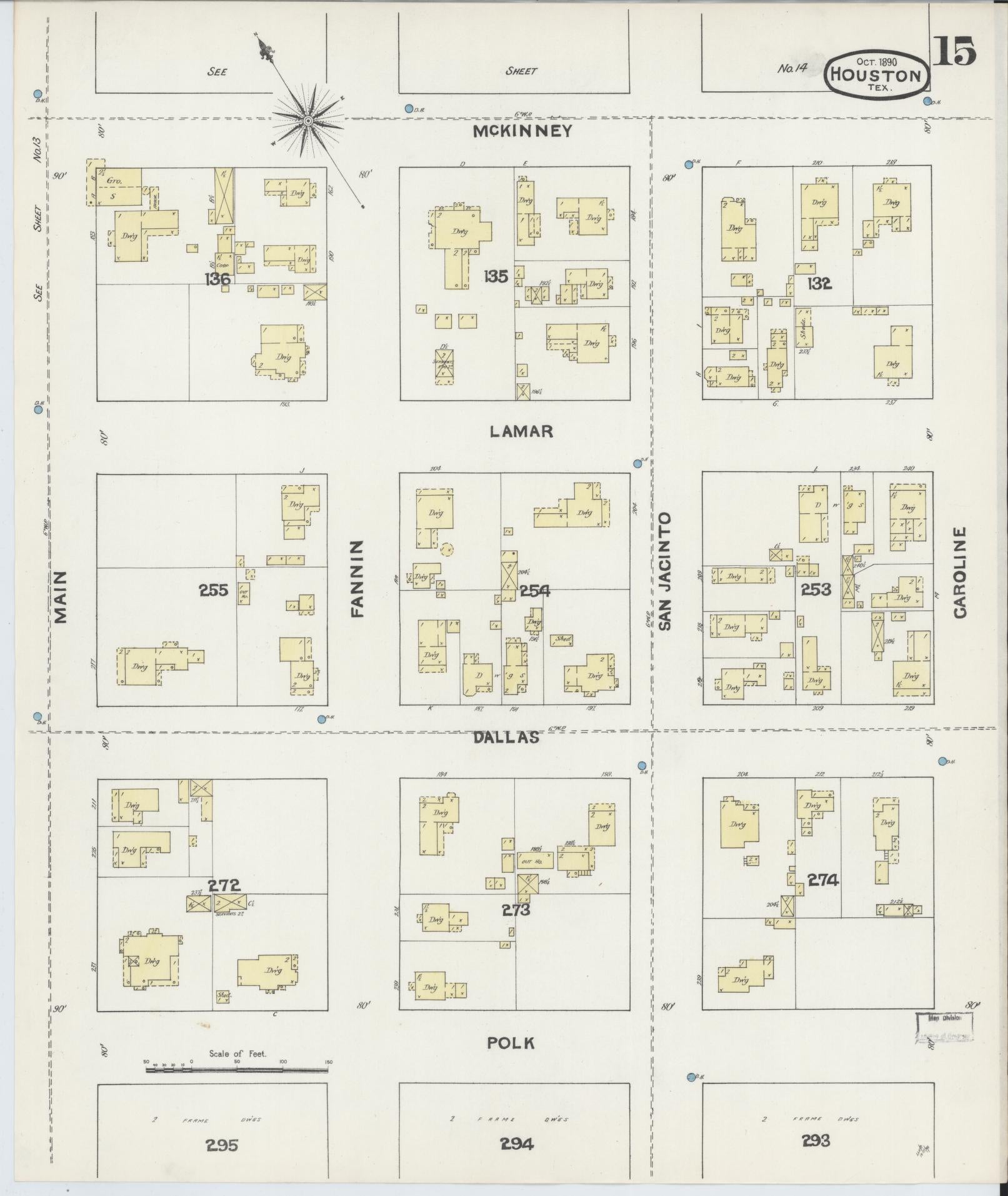 Sanborn Fire Insurance Map from Houston, Harris County, Texas (1890), Sheet #0015 - Historic Sanborn Fire Insurance Map Print, vintage old map wall art, antique decor, genealogy gift, Texas Texas map