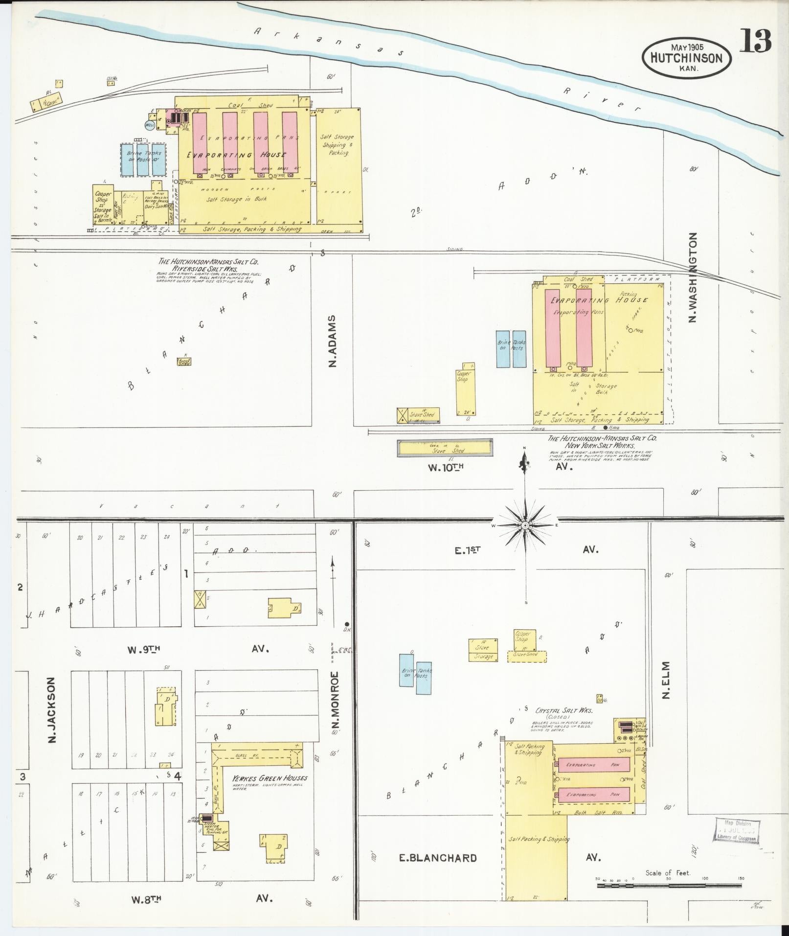 Sanborn Fire Insurance Map from Hutchinson, Reno County, Kansas (1905), Sheet #0013 - Historic Sanborn Fire Insurance Map Print, vintage old map wall art, antique decor, genealogy gift, Kansas Kansas map