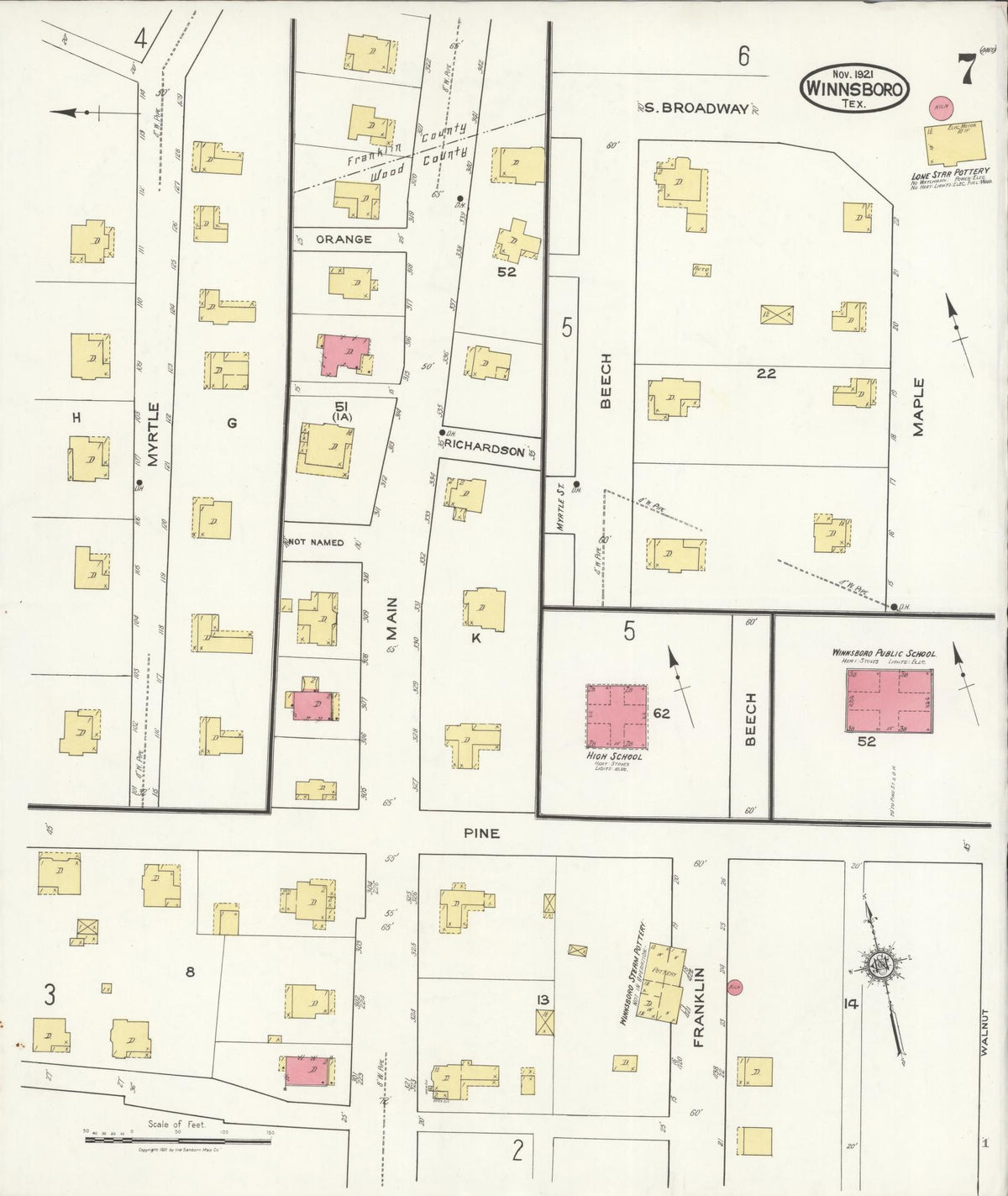 Sanborn Fire Insurance Map from Winnsboro, Wood County, Texas (1921), Sheet #0007 - Complete Map Set gallery image, historic Sanborn map, vintage wall art, Texas Texas
