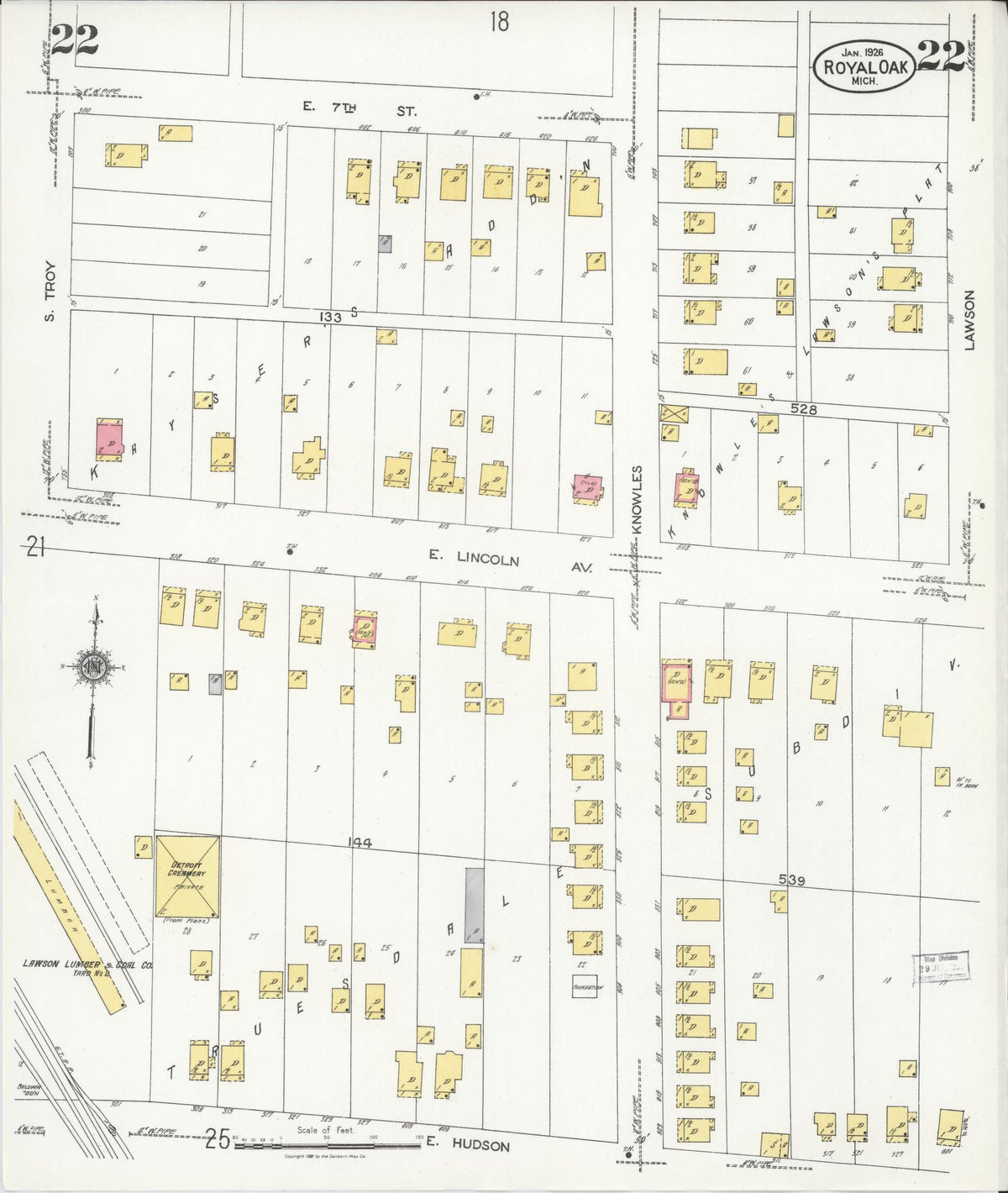 Sanborn Fire Insurance Map from Royal Oak, Oakland County, Michigan (1926), Sheet #0022 - Historic Sanborn Fire Insurance Map Print, vintage old map wall art, antique decor, genealogy gift, Michigan Michigan map