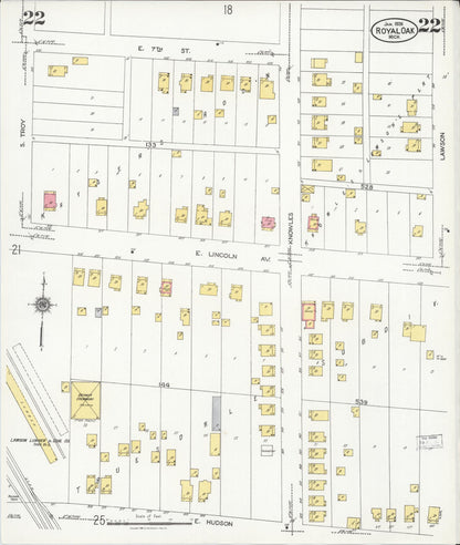 Sanborn Fire Insurance Map from Royal Oak, Oakland County, Michigan (1926), Sheet #0022 - Historic Sanborn Fire Insurance Map Print, vintage old map wall art, antique decor, genealogy gift, Michigan Michigan map