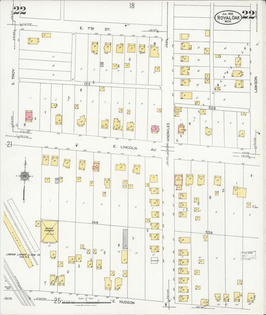 Sanborn Fire Insurance Map from Royal Oak, Oakland County, Michigan (1926), Sheet #0022 - Historic Sanborn Fire Insurance Map Print, vintage old map wall art, antique decor, genealogy gift, Michigan Michigan map