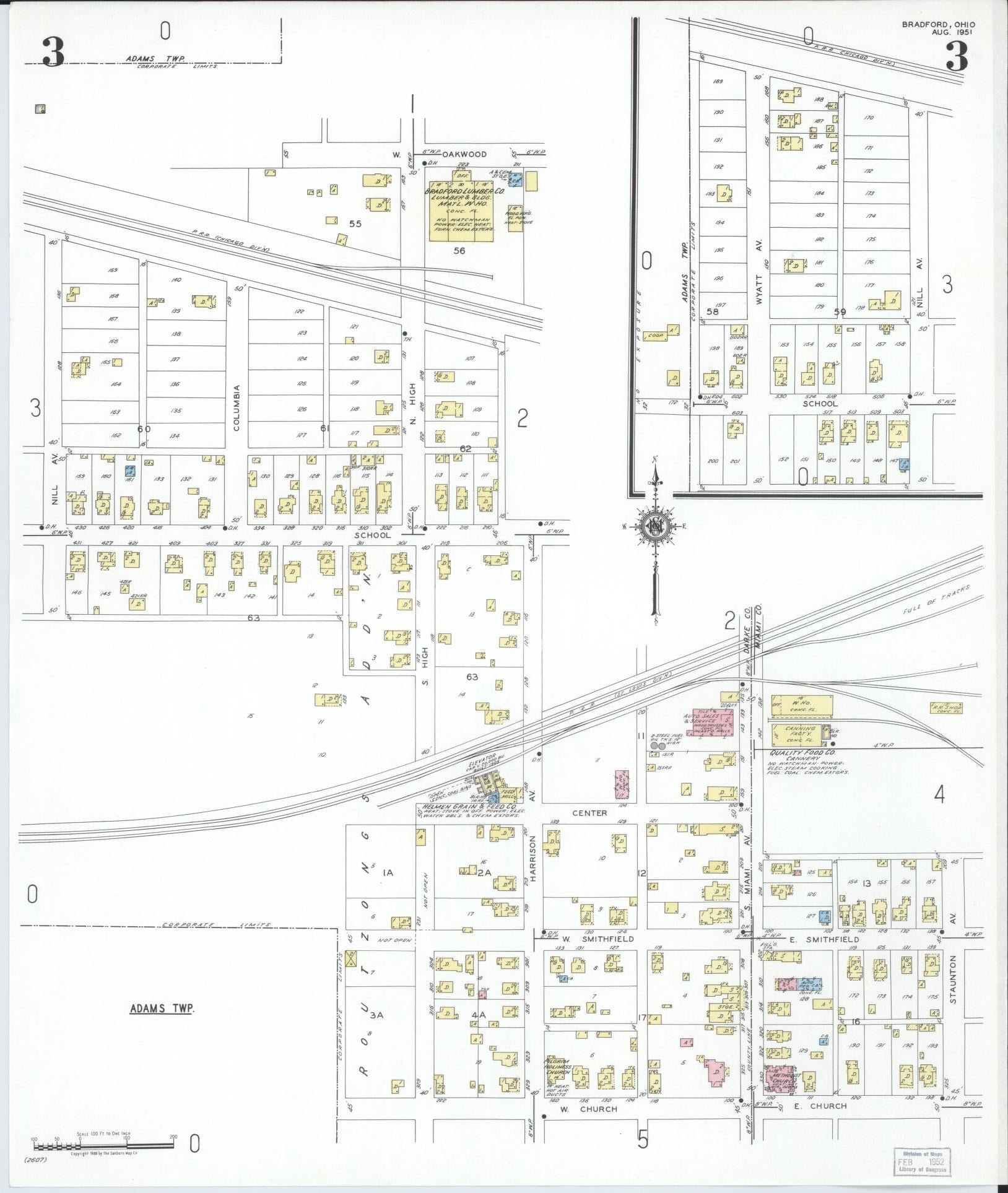 Sanborn Fire Insurance Map from Bradford, Darke and Miami Counties, Ohio (1951), Sheet #0003 - Historic Sanborn Fire Insurance Map Print, vintage old map wall art, antique decor, genealogy gift, Ohio Ohio map