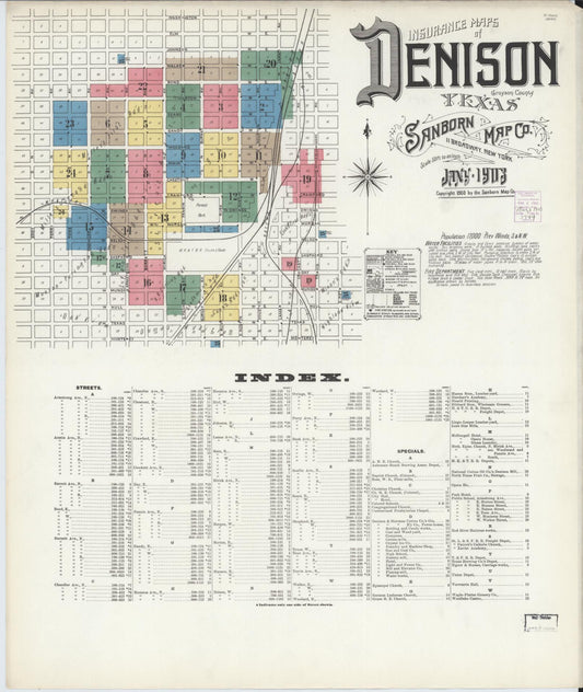 Sanborn Fire Insurance Map from Denison, Grayson County, Texas (1903), Sheet #0001 - Complete Map Set gallery image, historic Sanborn map, vintage wall art, Texas Texas