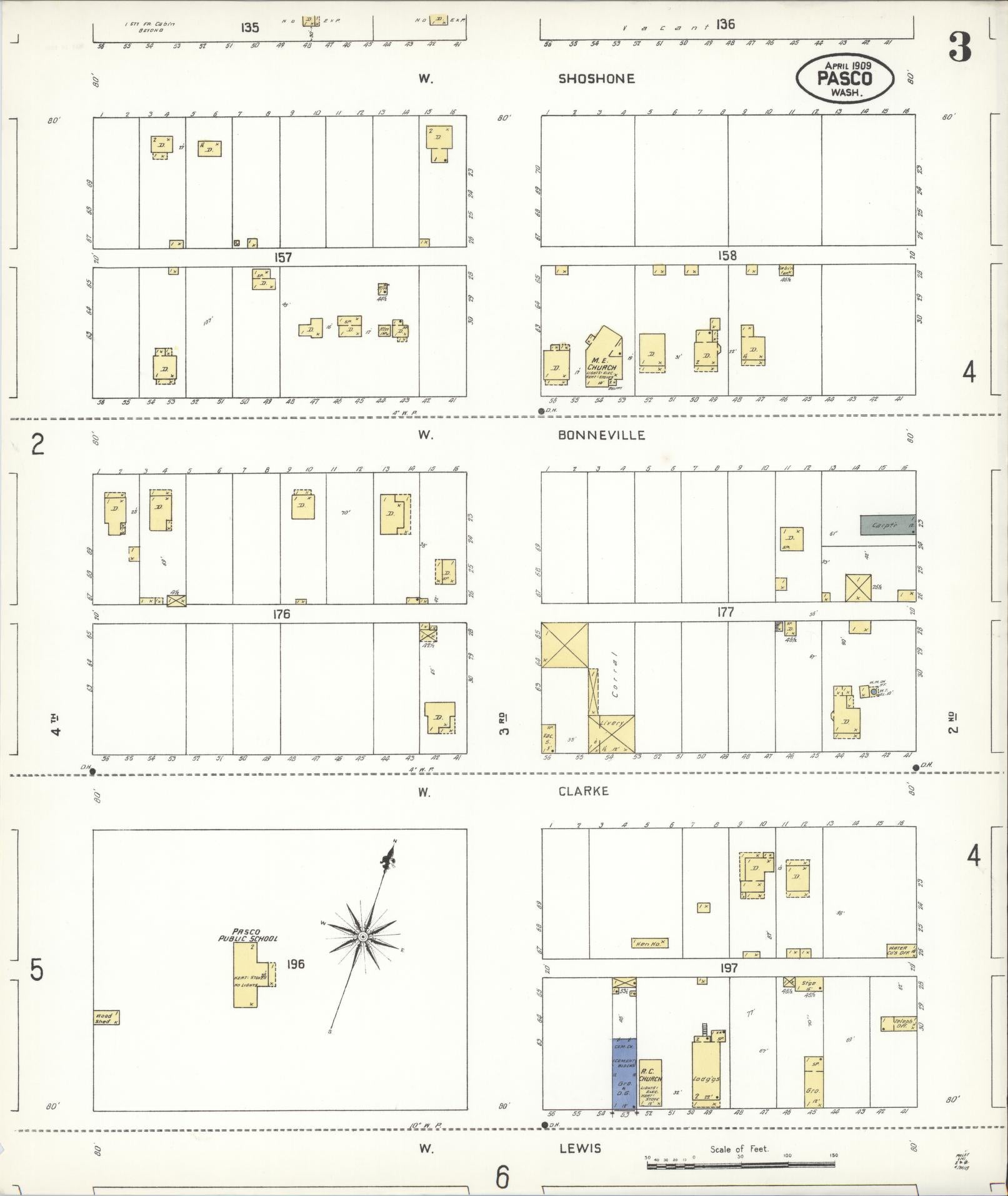 Sanborn Fire Insurance Map from Pasco, Franklin County, Washington (1909), Sheet #0003 - Historic Sanborn Fire Insurance Map Print, vintage old map wall art, antique decor, genealogy gift, Washington Washington map