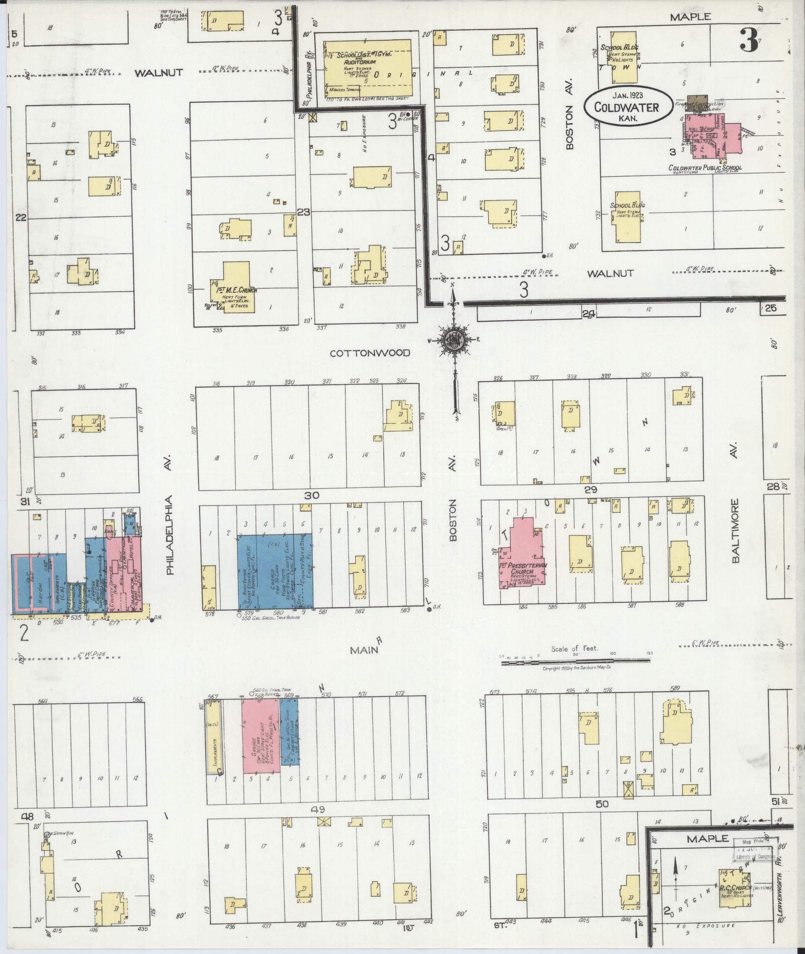Sanborn Fire Insurance Map from Coldwater, Comanche County, Kansas (1923), Sheet #0003 - Complete Map Set gallery image, historic Sanborn map, vintage wall art, Kansas Kansas