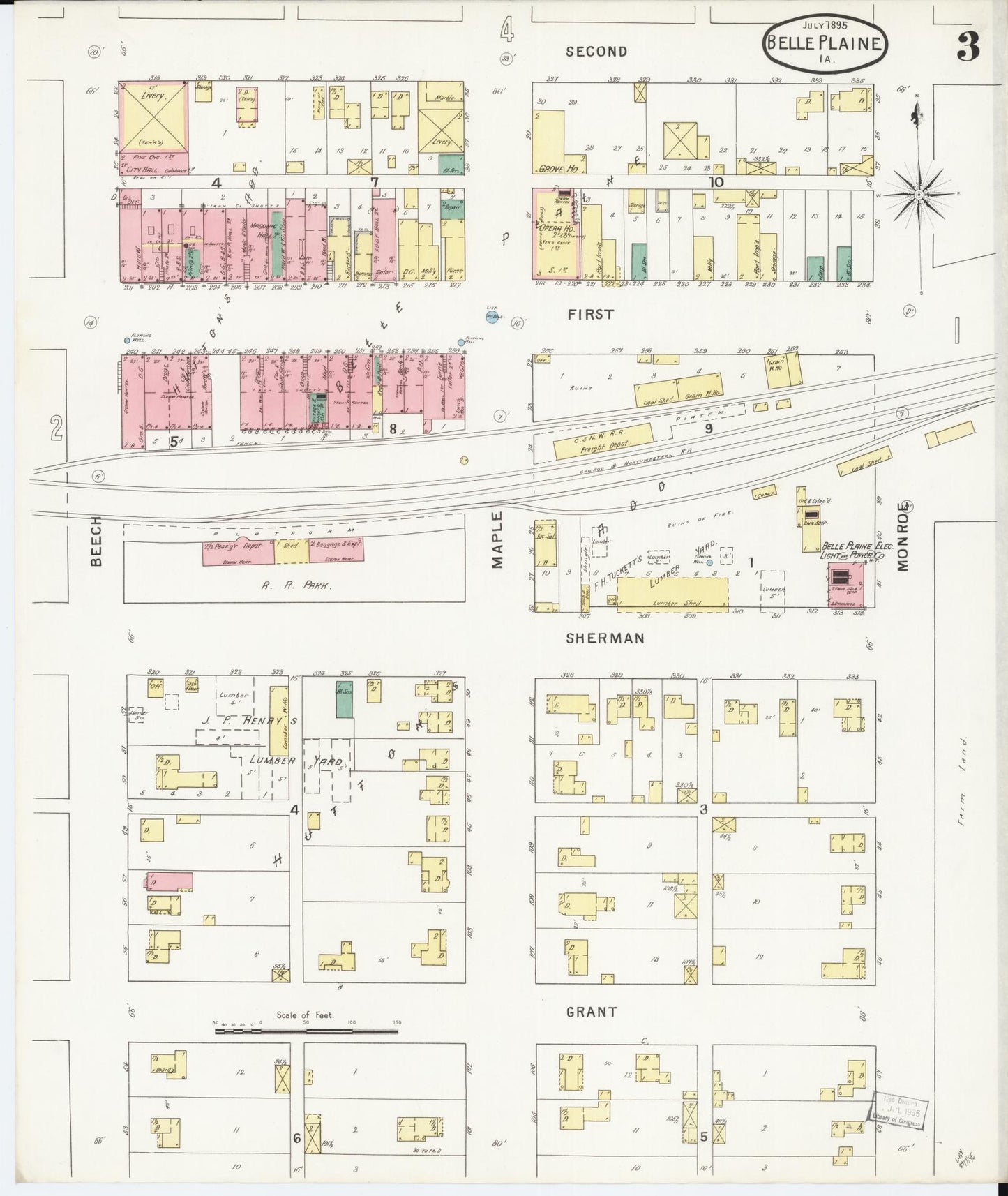 Sanborn Fire Insurance Map from Belle Plaine, Benton County, Iowa (1895), Sheet #0003 - Historic Sanborn Fire Insurance Map Print, vintage old map wall art