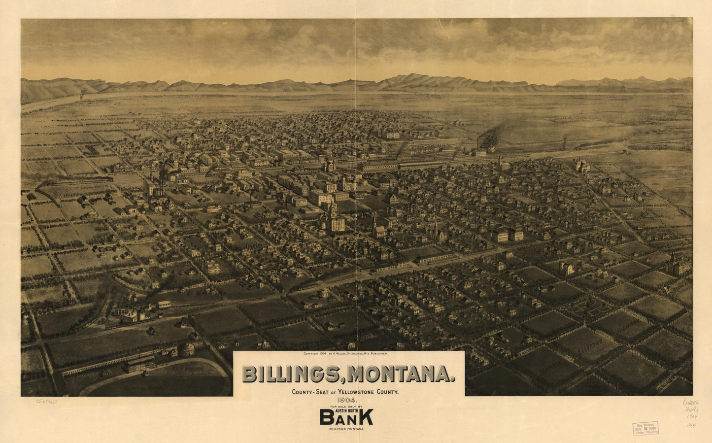 Billings, Montana, county seat of Yellowstone County 1904. (1904) – Historic Bird’s-Eye View Panorama Print