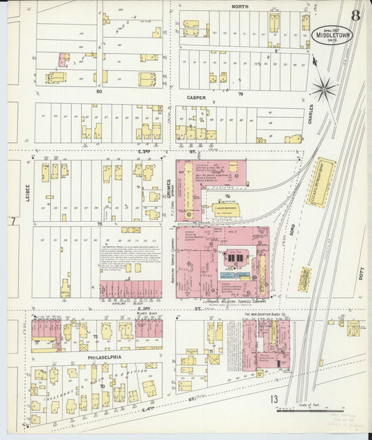 Sanborn Fire Insurance Map from Middletown, Butler County, Ohio (1907), Sheet #0008 - Historic Sanborn Fire Insurance Map Print, vintage old map wall art, antique decor, genealogy gift, Ohio Ohio map