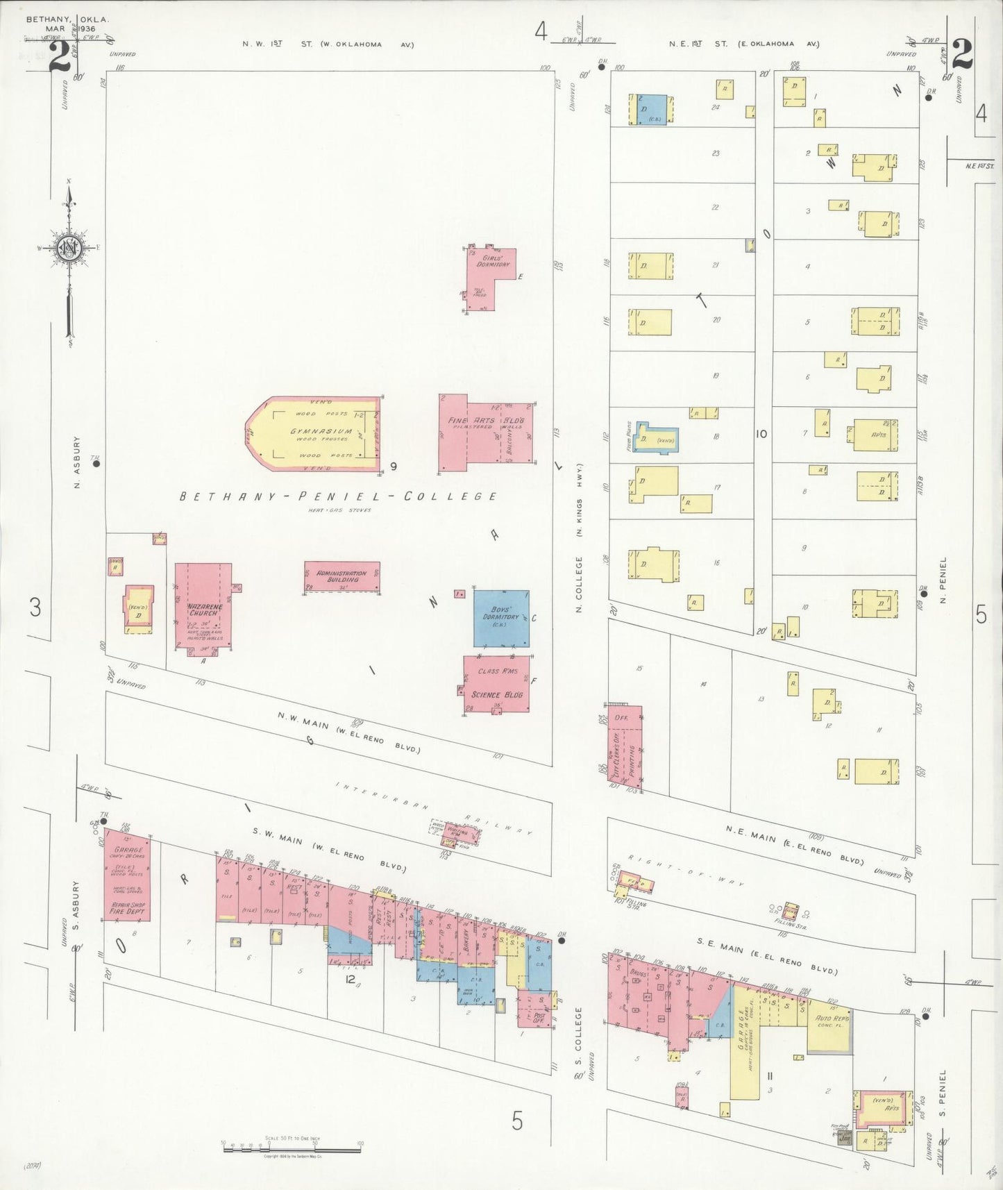 Sanborn Fire Insurance Map from Bethany, Oklahoma County, Oklahoma (1936), Sheet #0002 - Historic Sanborn Fire Insurance Map Print, vintage old map wall art, antique decor, genealogy gift, Bethany Oklahoma map