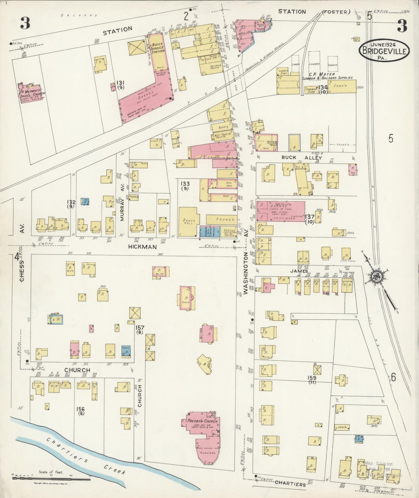 Sanborn Fire Insurance Map from Bridgeville, Allegheny County, Pennsylvania (1924), Sheet #0003 - Historic Sanborn Fire Insurance Map Print, vintage old map wall art, antique decor, genealogy gift, Pennsylvania Pennsylvania map