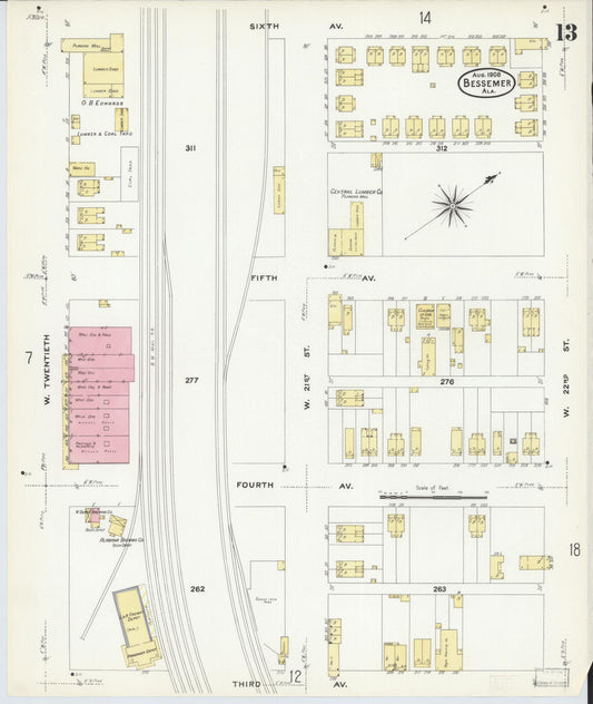 Sanborn Fire Insurance Map from Bessemer, Jefferson County, Alabama (1908), Sheet #0013 - Historic Sanborn Fire Insurance Map Print, vintage old map wall art, antique decor, genealogy gift, Alabama Alabama map