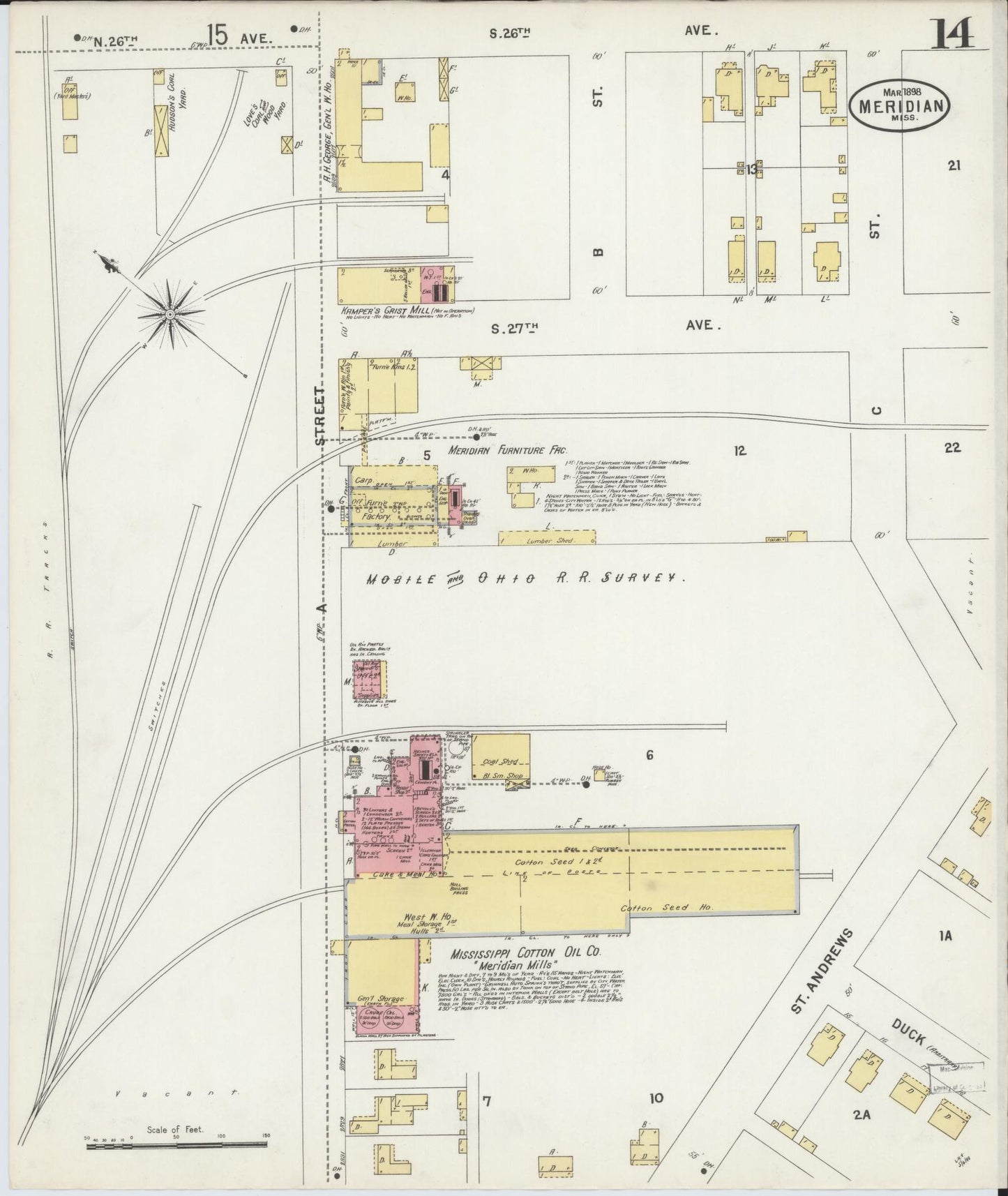 Sanborn Fire Insurance Map from Meridian, Lauderdale County, Mississippi (1898), Sheet #0014 - Historic Sanborn Fire Insurance Map Print, vintage old map wall art, antique decor, genealogy gift, Mississippi Mississippi map