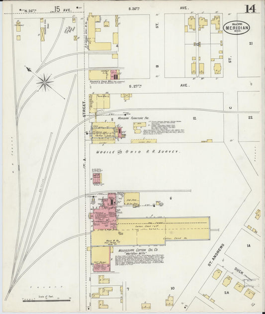 Sanborn Fire Insurance Map from Meridian, Lauderdale County, Mississippi (1898), Sheet #0014 - Historic Sanborn Fire Insurance Map Print, vintage old map wall art, antique decor, genealogy gift, Mississippi Mississippi map
