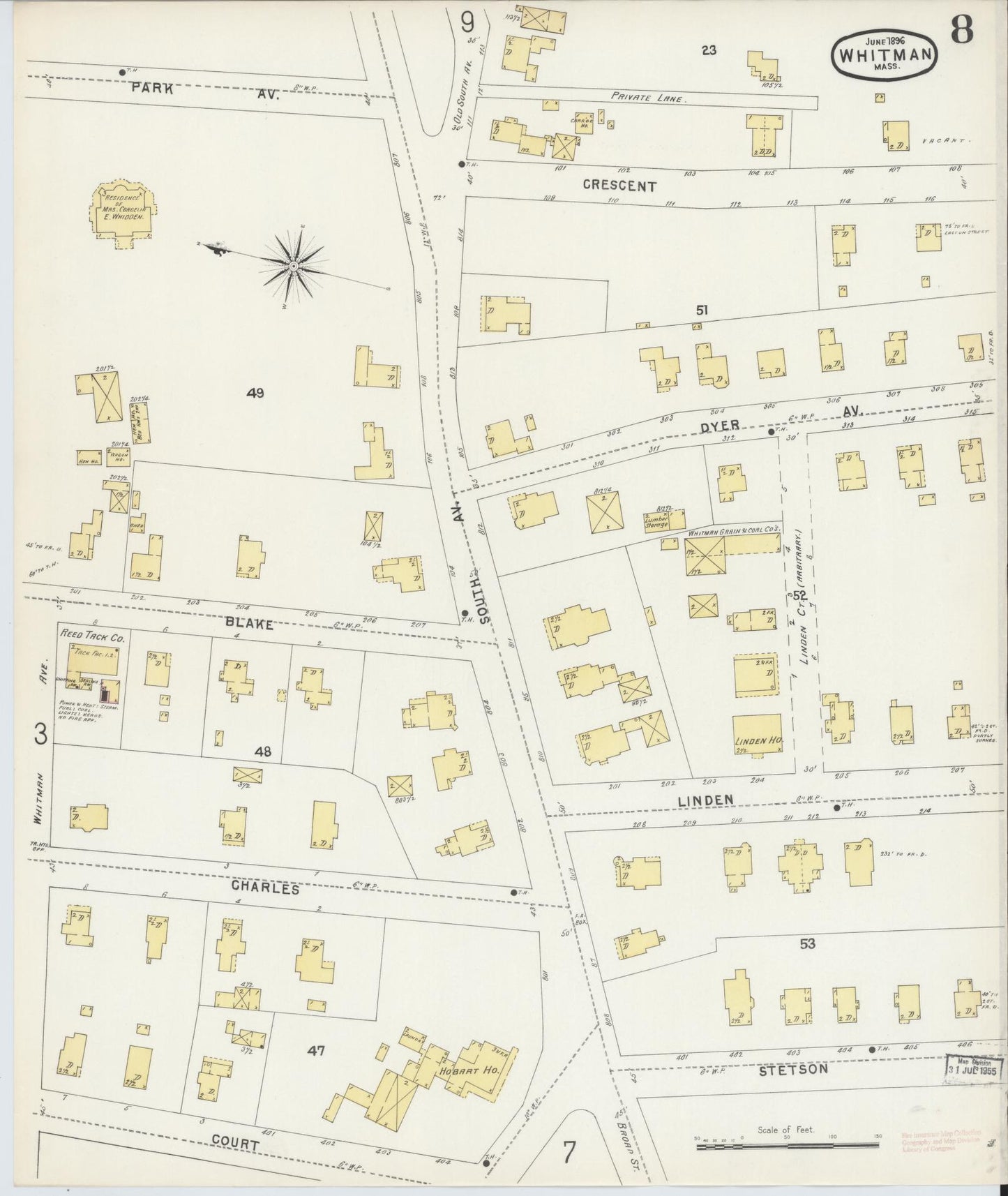 Sanborn Fire Insurance Map from Whitman, Plymouth County, Massachusetts (1896), Sheet #0008 - Complete Map Set gallery image, historic Sanborn map, vintage wall art, Massachusetts Massachusetts
