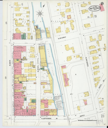 Sanborn Fire Insurance Map from Battle Creek, Calhoun County, Michigan (1902), Sheet #0009 - Historic Sanborn Fire Insurance Map Print, vintage old map wall art, antique decor, genealogy gift, Michigan Michigan map